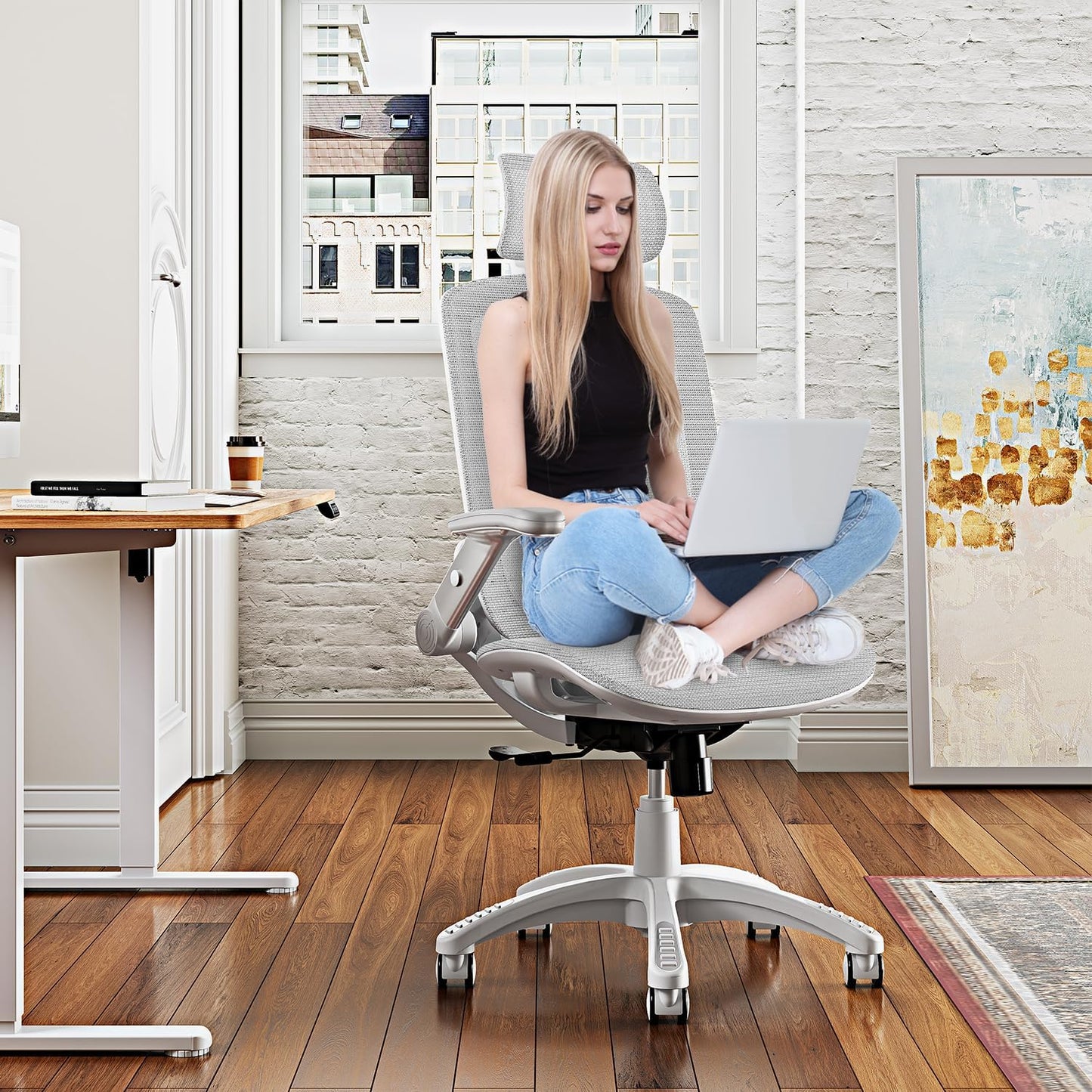 GABRYLLY Ergonomic Office Chair, High Back Home Desk Chair with Headrest, Flip-Up Arms, 90-120° Tilt Lock and Wide Cushion, 400LBS Mesh Chairs for Man Woman, White Task Chair(Grey,GY01WG)