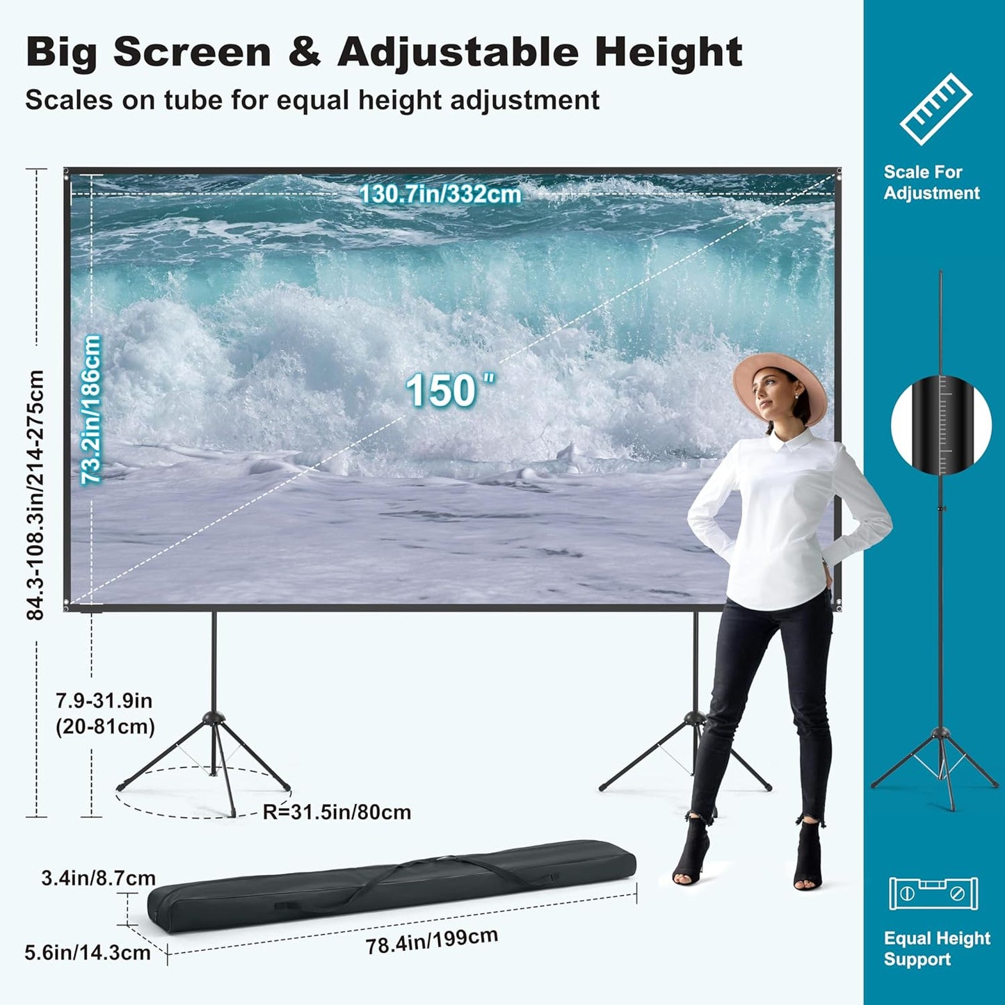 Outdoor Projector Screen with Stand 150 inch 16:9, Portable Projector Screen, 1.5 High Gain Fiberglass, Sturdy Backing, Wind-Resistant Movie Screen, Tripod/Wall Mounted, for Home Cinema/Backyard Party