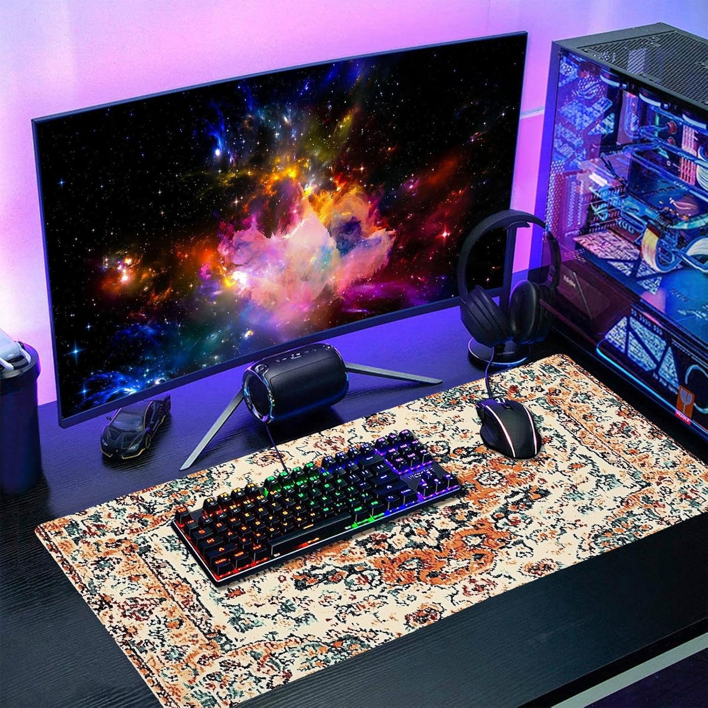 Vintage Rug Gaming Mouse Pad XXL Orange Teal Retro Carpet Aesthetic Extended Large Mat Bohemian Boho Mousepad Desk Pad Non-Slip Rubber Base Stitched Edge Flower Keyboard Pad for Computer,35.4x15.7 in