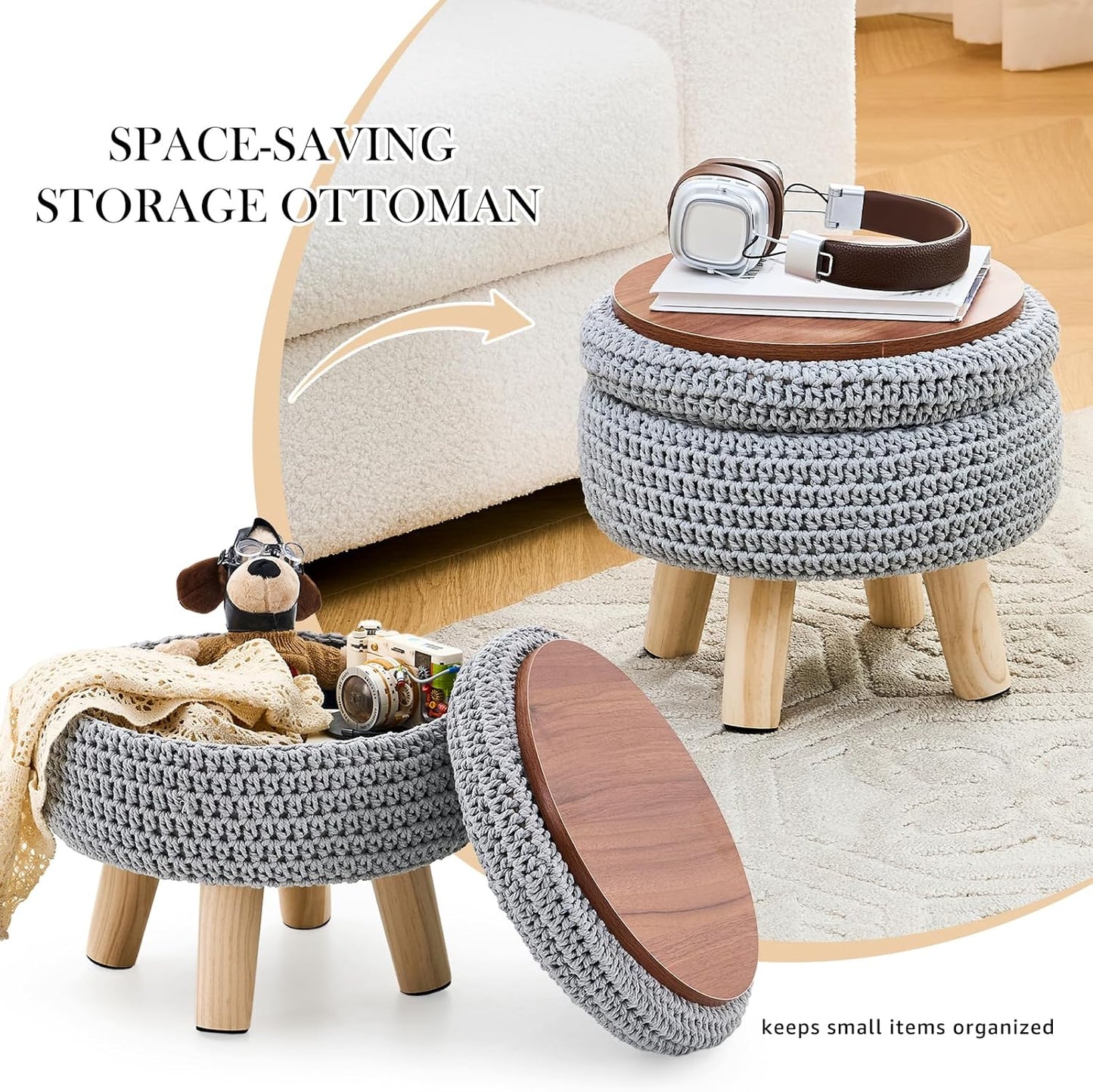 Round Storage Ottoman Foot Rest Cotton Braided Foot Stool Pouf Ottoman with Solid Wood Legs Footstool with Storage Shoe Changing Stool for Living Room Gray