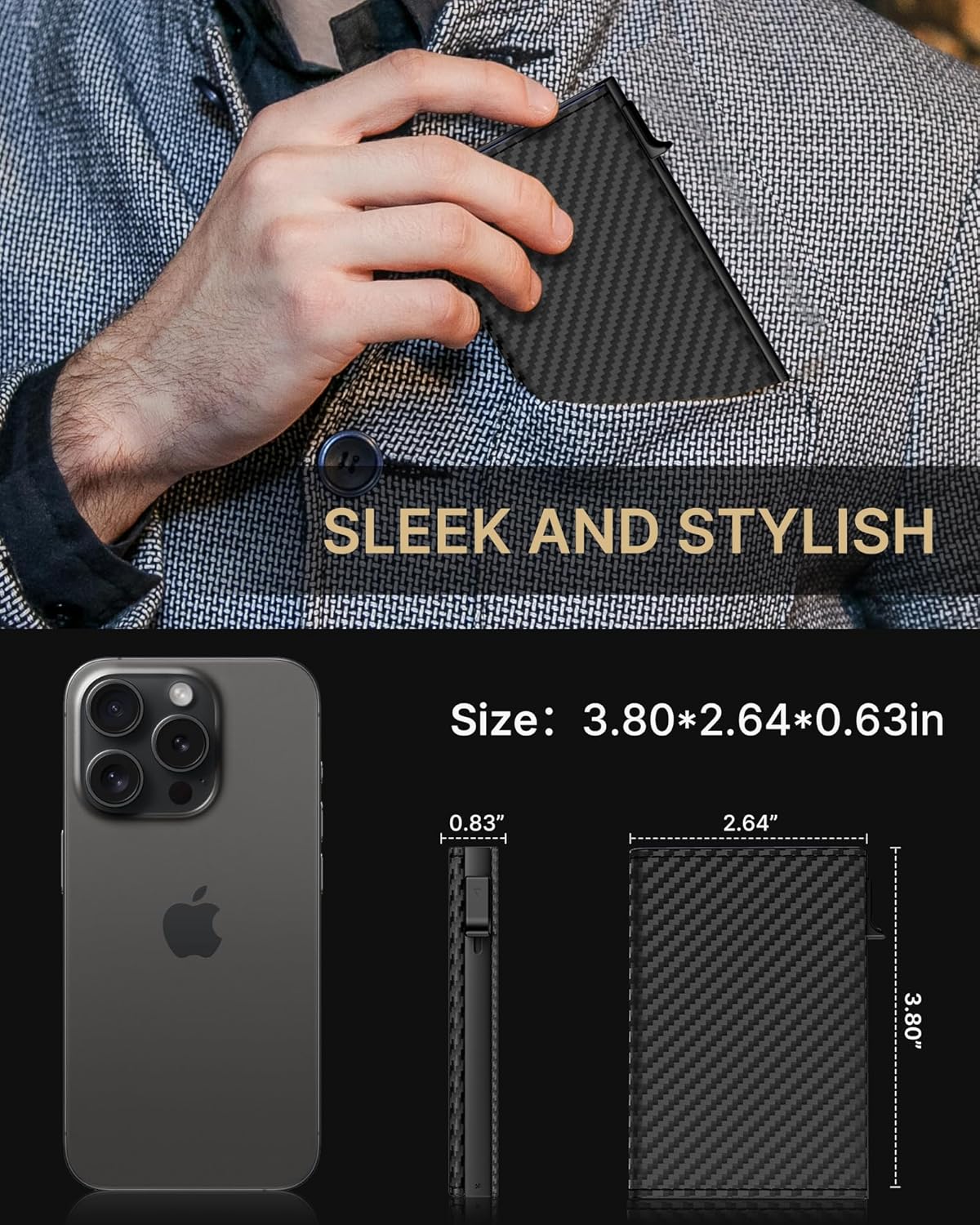 typecase Mens Wallet Card Holder: Pop Up Aluminum Case, Carbon Fiber Leather, Smart, RFID Blocking, Slim, Minimalist, Front Pocket - 9-14 Card Capacity | ID Window | Cash Slot (Orange)