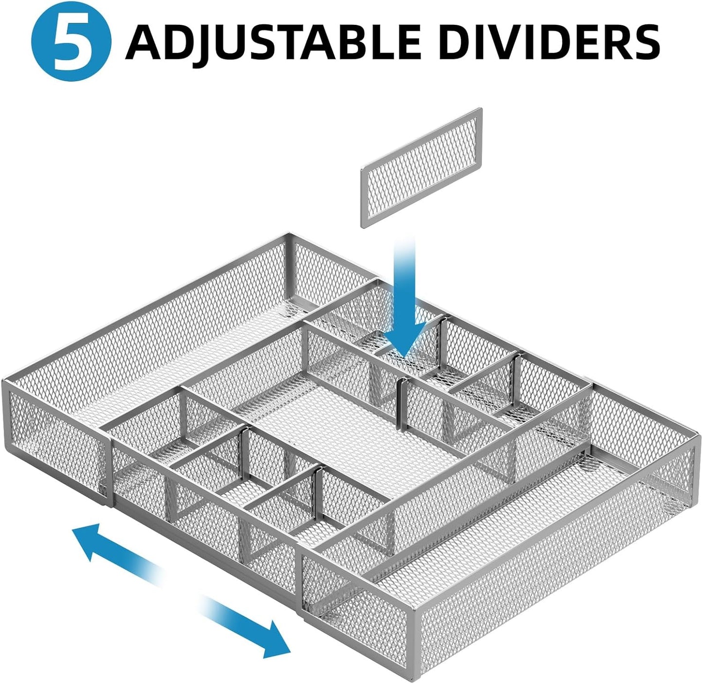 Marbrasse Expandable Desk Drawer Organizer, Mesh Tray with 10 Adjustable Compartments, Desk Organizers for Office Supplies, Makeup & Vanity (Expandable-Silver)