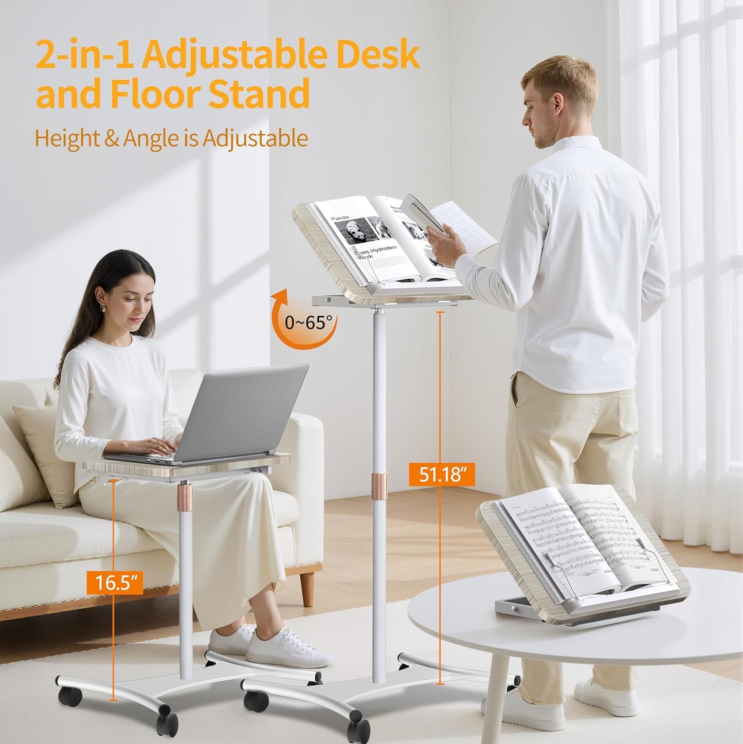 Rolling Laptop Floor Stand, Dual-Purpose for Desk & Floor, Adjustable Height from 16.5" to 51", with 4 Lockable Casters & Book Page Clips, Laptop Stand Ideal for Projectors, Books, Ipads (White)