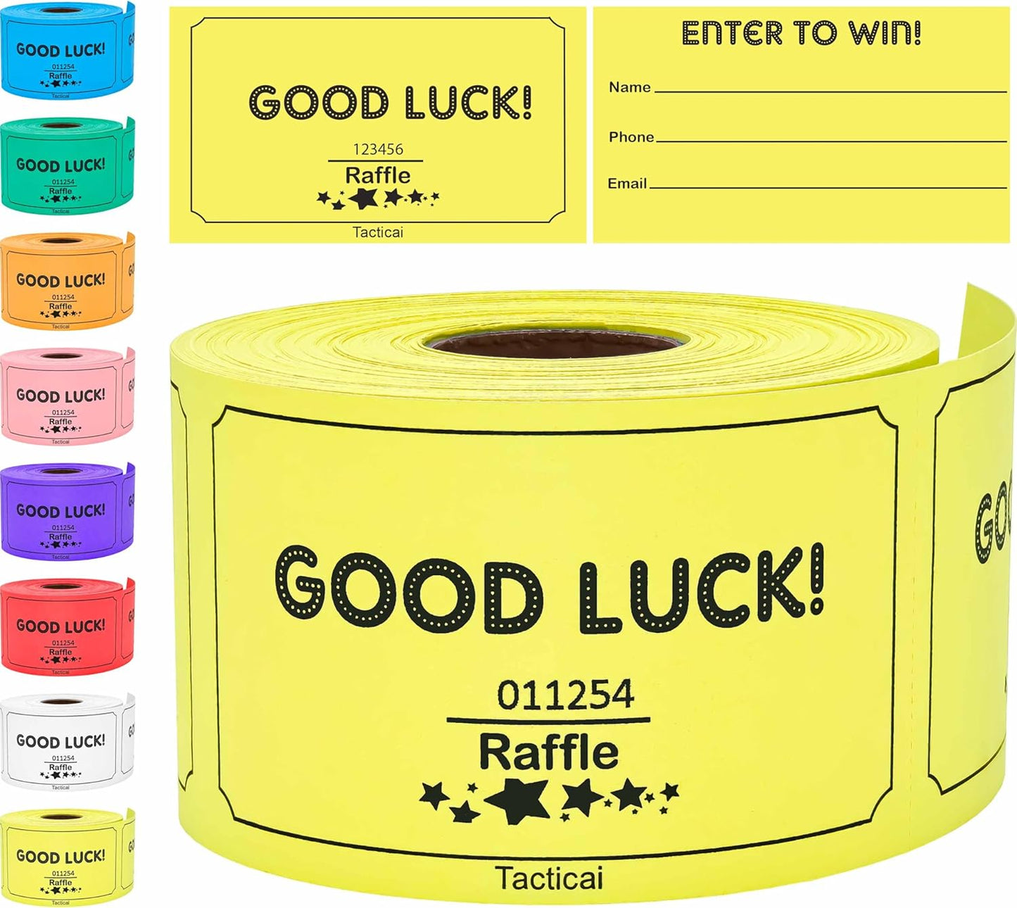 Tacticai 250 Raffle Tickets, Yellow (1 of 8 Colors), Raffle Cards, Entry Form with Name, Phone & Email for Events, Fundraiser & Prizes