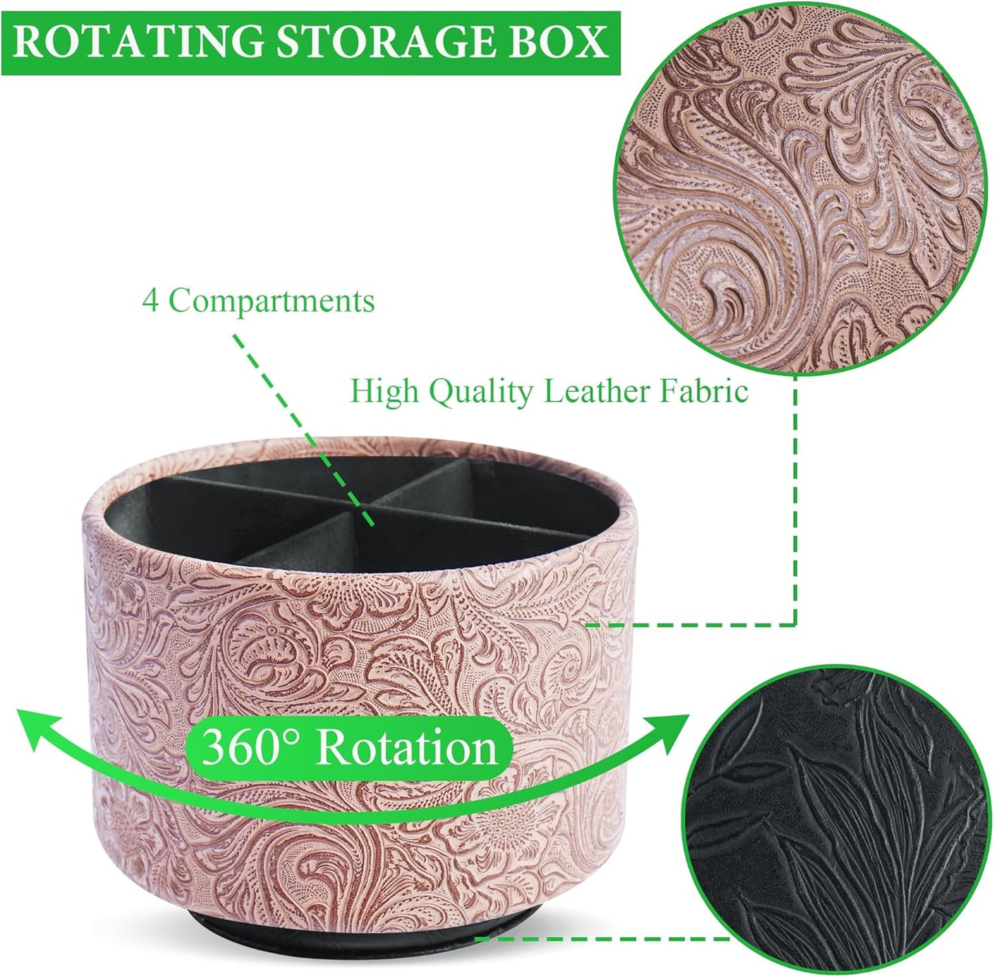 lizimandu Round Leather Art Supply Organizer,Remote Control Holder,360 Degree Spinning,Multi-Functional Pencil Holder,4 Compartments Desktop Stationary Organizer(1-Carved Wood Beige)