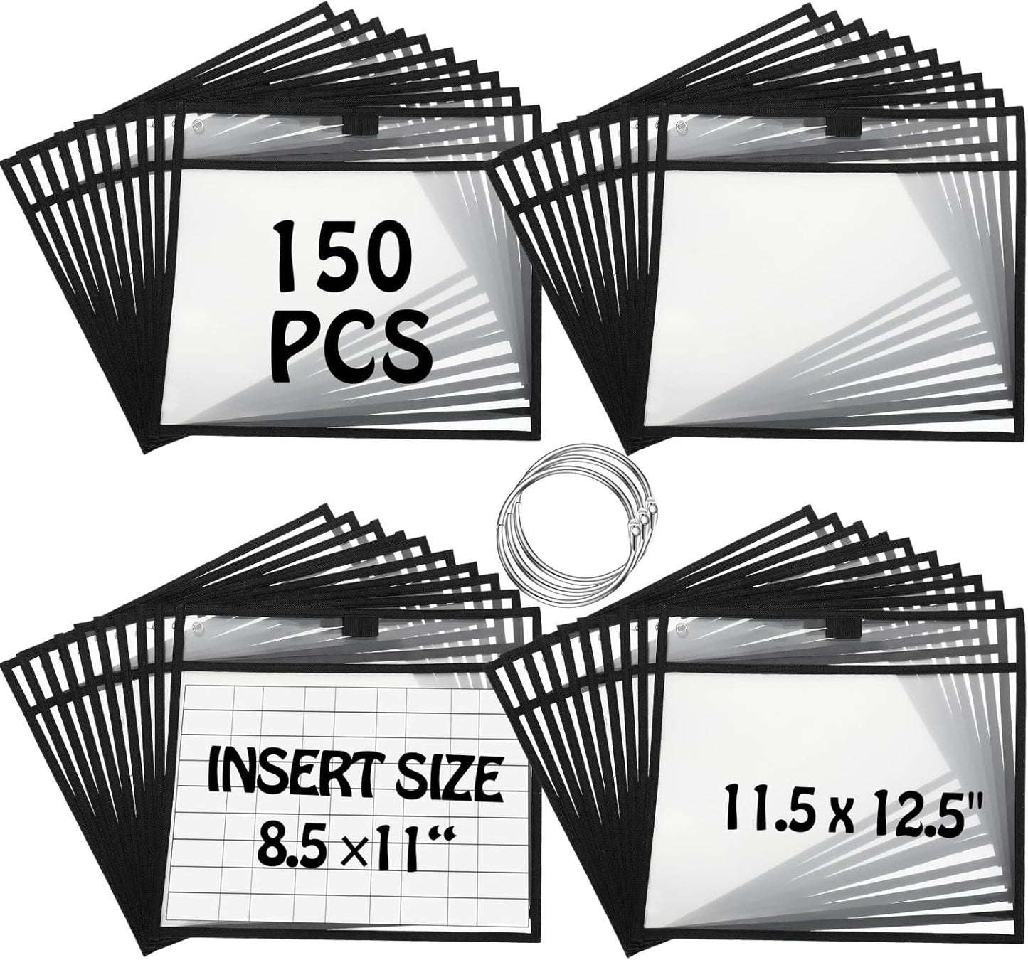 Teling 150 Pcs Dry Erase Pockets Bulk Reusable Job Ticket Holders Clear Plastic Sleeve Protector Work Order Sleeve Shop Ticket Holder for Welcome Teacher Back Office Supplies(11.5 x 12.5'',Black)