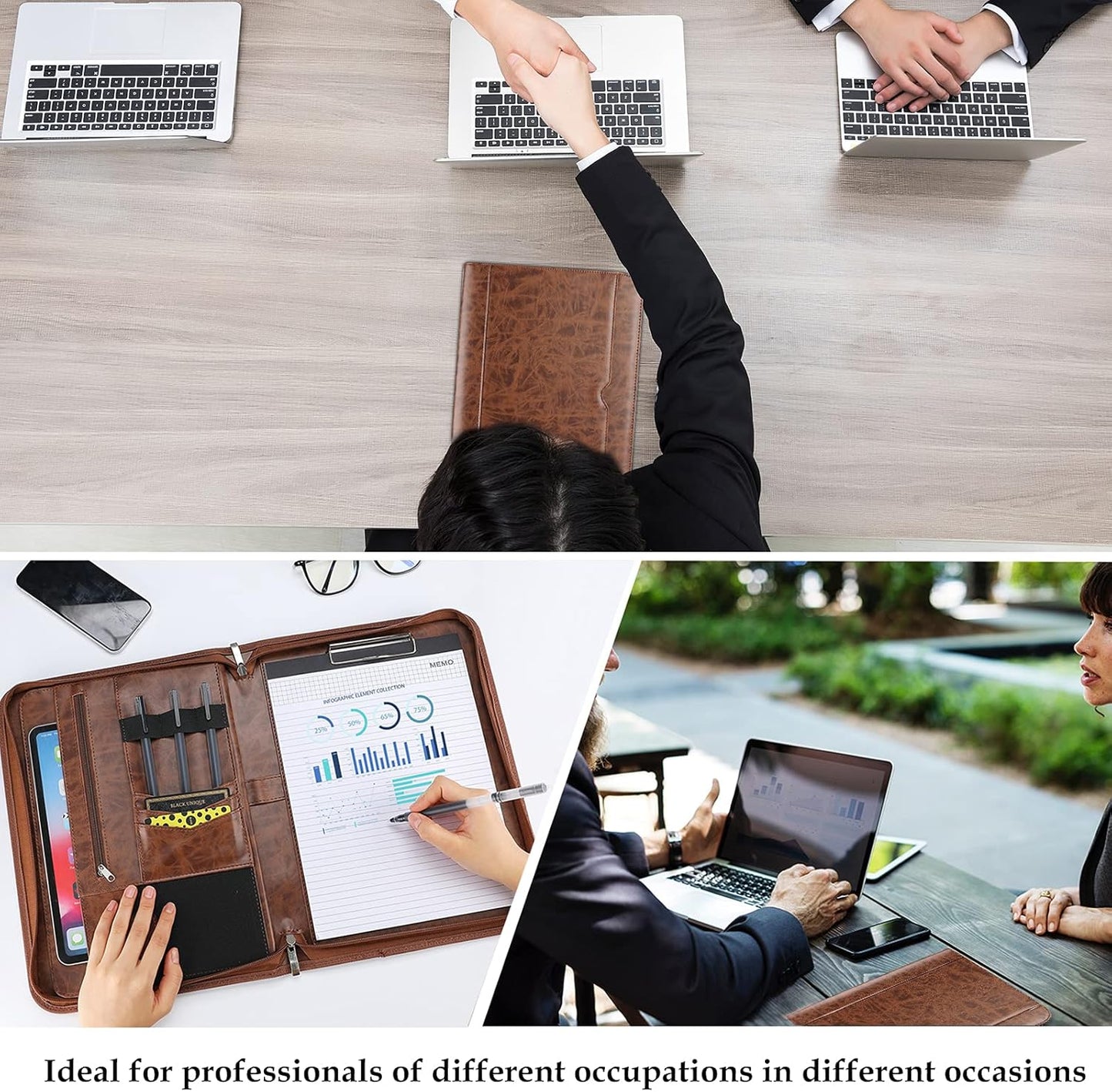 ProCase Portfolio Business Padfolio Folder with Zipper, Conference Meeting Executive File Legal Document Organizer with Pockets Letter Size A4 Writing Pad Notepad Padfolio -Brown