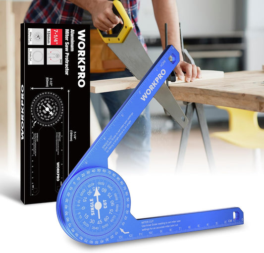 WORKPRO Aluminum Miter Saw Protractor, 7.3 Inch Angle Finder Featuring Precision Laser Engraved Scales for Inside and Outside Corner, Carpenters, Plumbers and All Building Trades, 360° Rotation, Blue