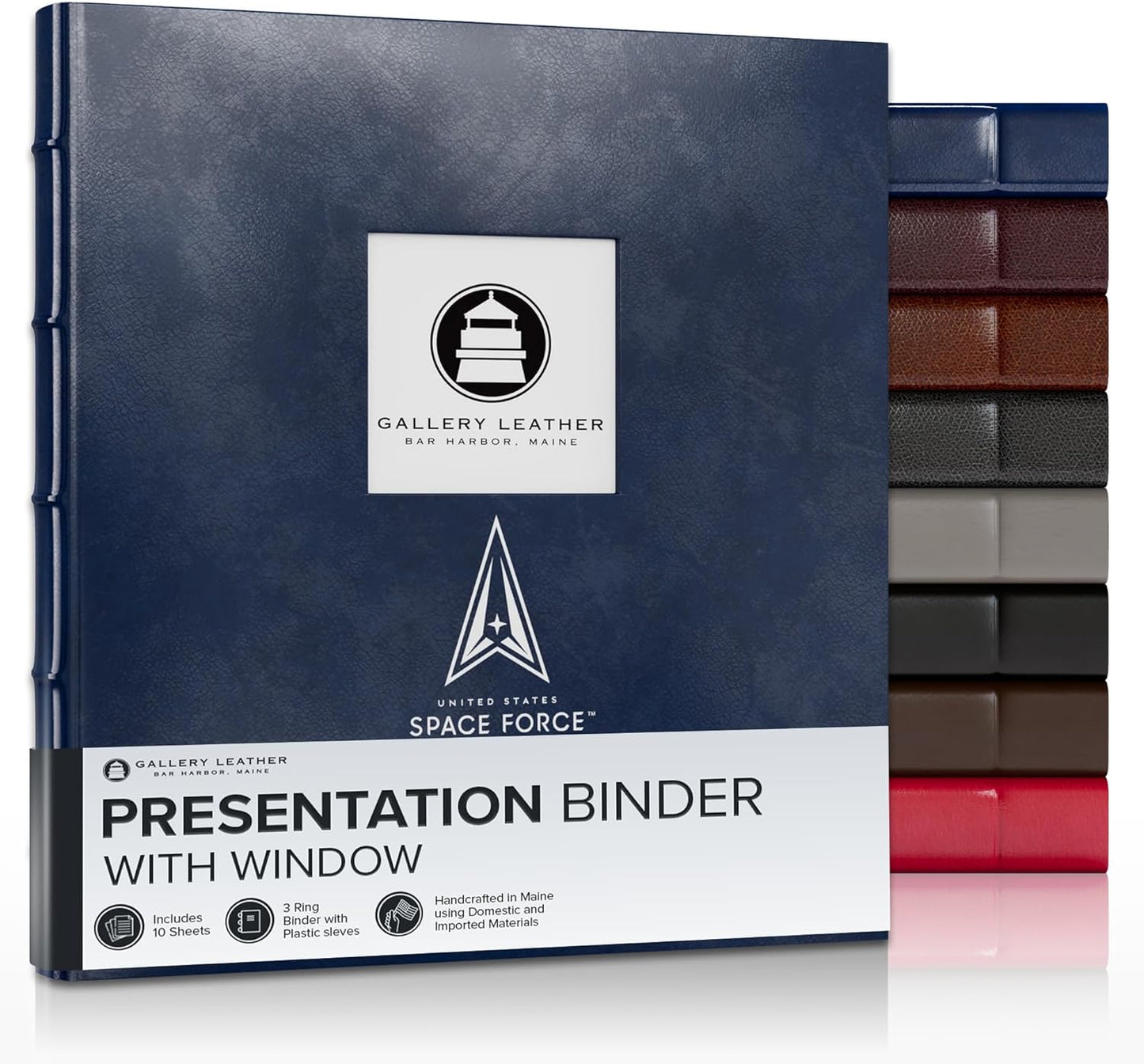 Gallery Leather 3 Ring Binder with Plastic Sleeves, Includes 10 Sheets, Sheet Size: 8.5" x 11" - Presentation Binder Rings with Window and Hubbed Spine, Thick: 1.25" Acadia Navy - US Space Force