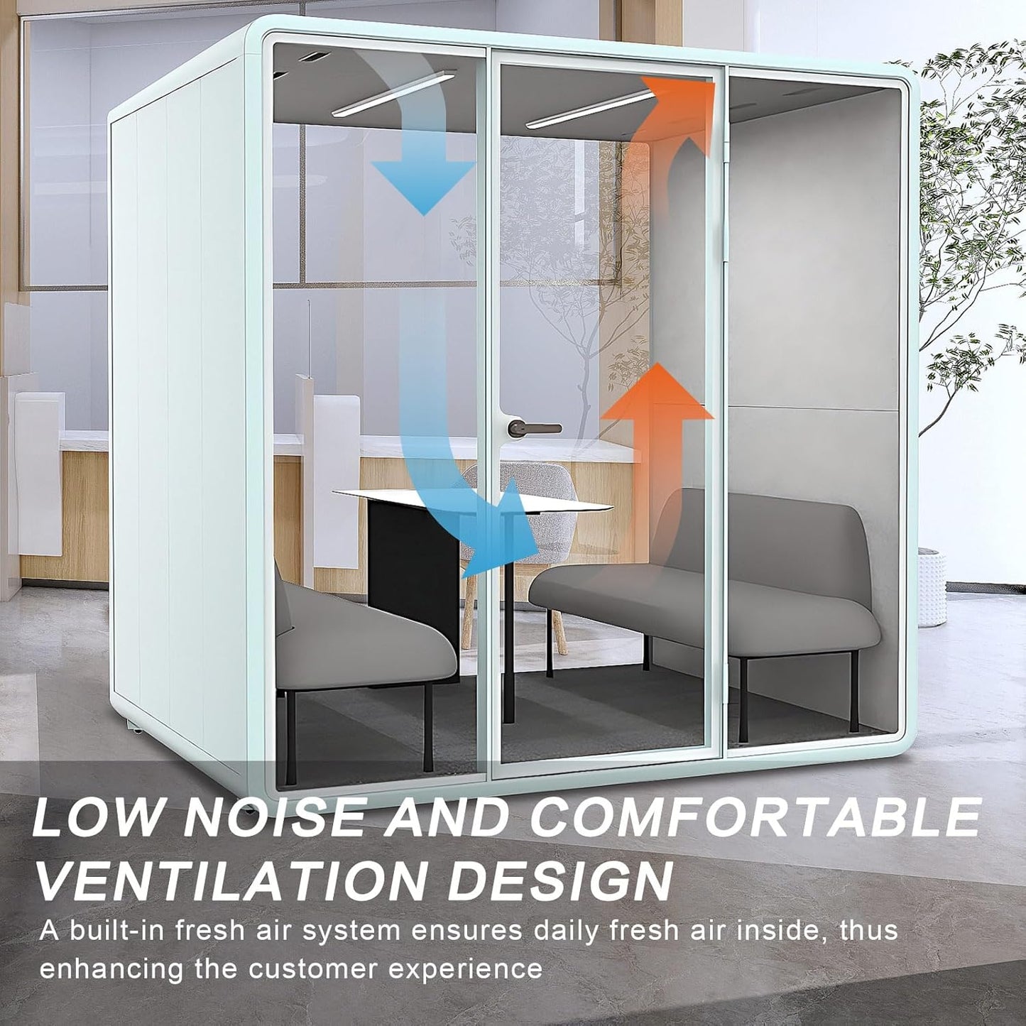 Office Sound Booth with Audio Privacy - Portable Soundproof Pod with Stylish Light Blue Frame,Soundproof Room with Light,Ventilation,Socket for Meetings,Report Presentations