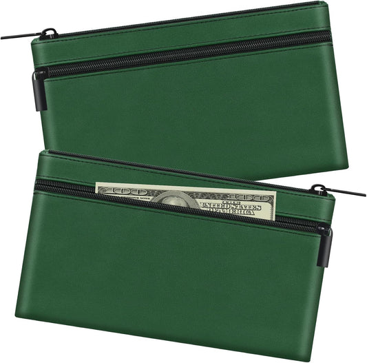 HAUTOCO 2 Pack Money Bag with Zipper 11x6.1 inch Money Pouch with Lined PU Leather Bank Bag Two Pockets Utility Wallet for Cash Check Receipt Coins Cosmetics, Deep Green