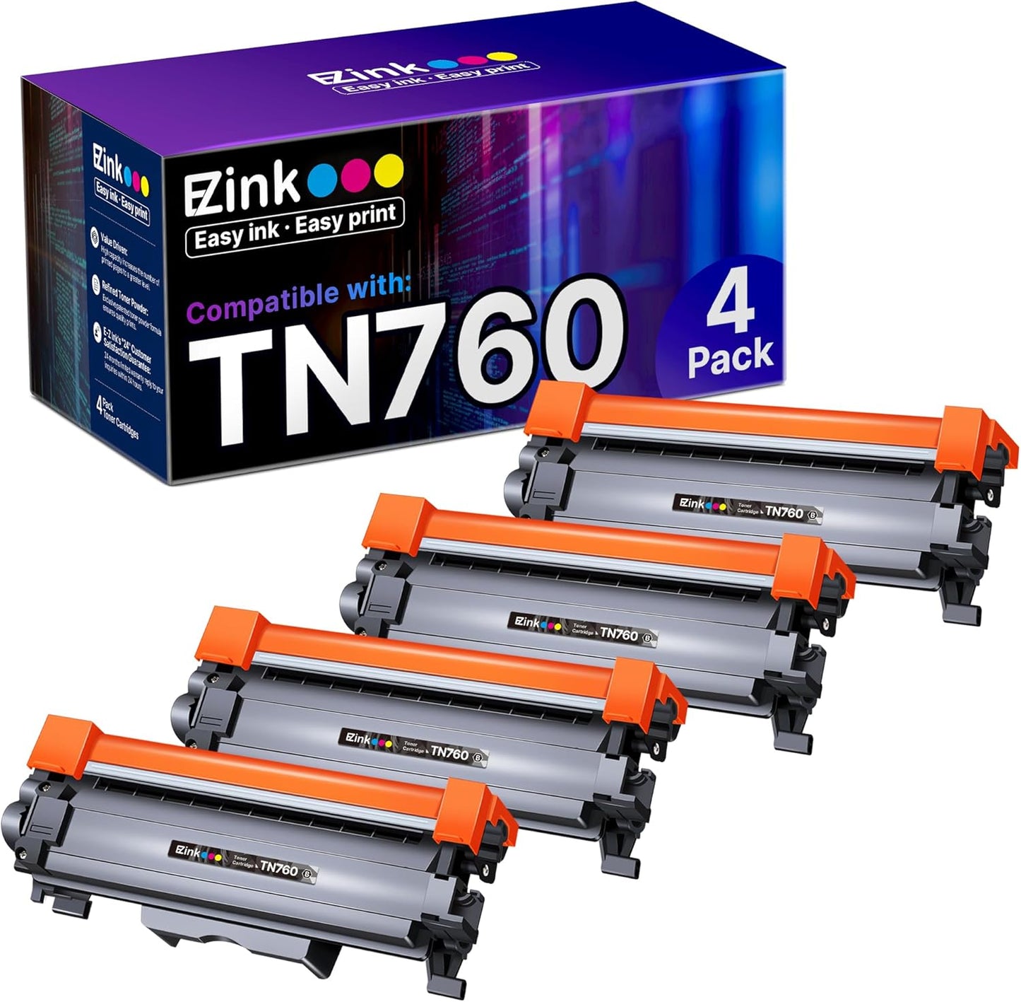 E-Z Ink Compatible TN760 Toner Cartridges Replacement for Brother TN-760 TN730 TN-730 to Use with HL-L2350DW HL-L2395DW HL-L2390DW HL-L2370DW MFC-L2750DW MFC-L2710DW DCP-L2550DW (Black, 4 Pack)