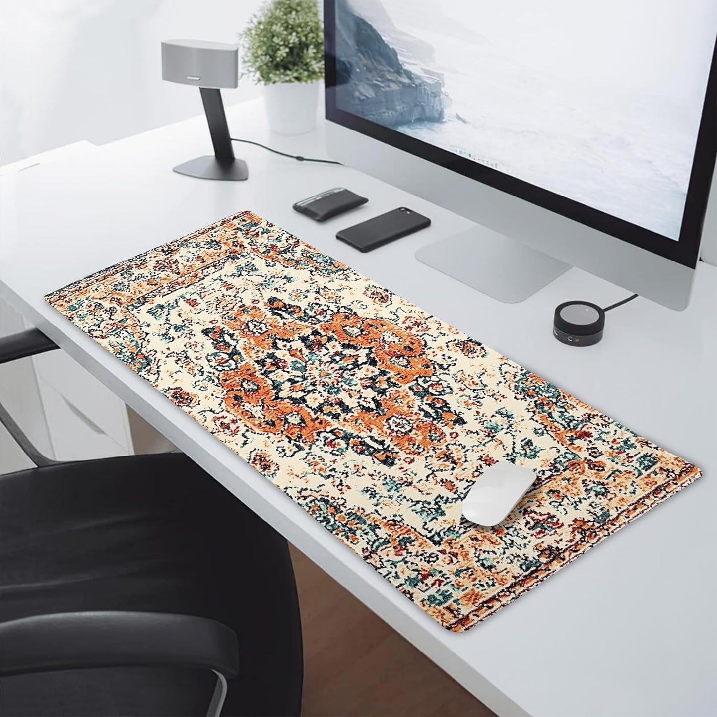 Vintage Rug Gaming Mouse Pad XXL Orange Teal Retro Carpet Aesthetic Extended Large Mat Bohemian Boho Mousepad Desk Pad Non-Slip Rubber Base Stitched Edge Flower Keyboard Pad for Computer,35.4x15.7 in