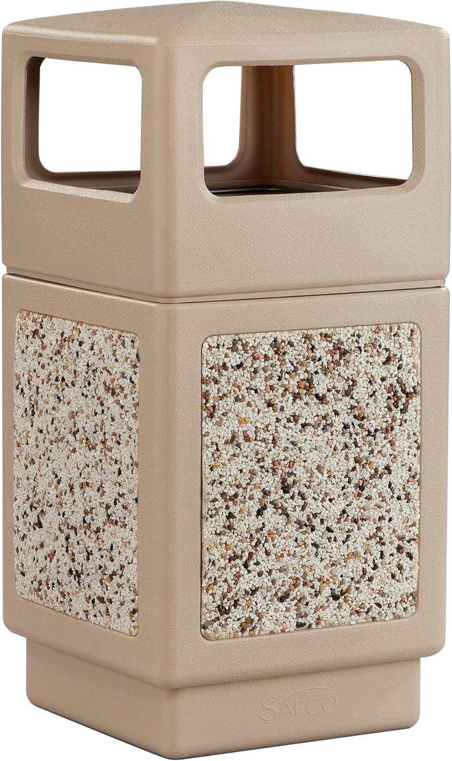 Safco Canmeleon Trash Can, 38 Gallons, Indoor and Outdoor Use, Durable & Weather-Resistant Commercial Garbage Can with Stone Panels, Tan