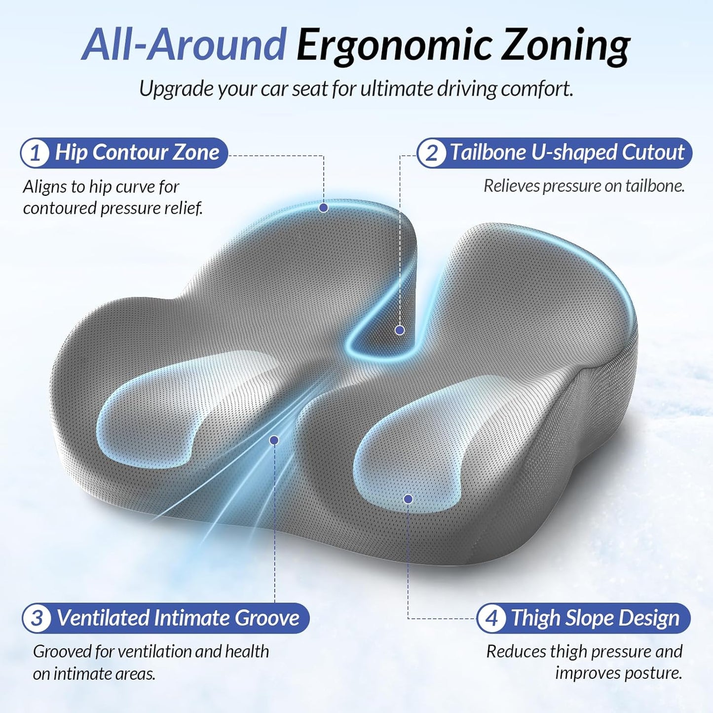 ZIKEE Car Seat Cushion for Driving with Cooling Gel, Ergonomic Memory Foam Seat Cushion for Car Provides Sciatica, Back, Tailbone Pain Relief and Intimate Ventilation, Anti-Slip & Breathable Cover