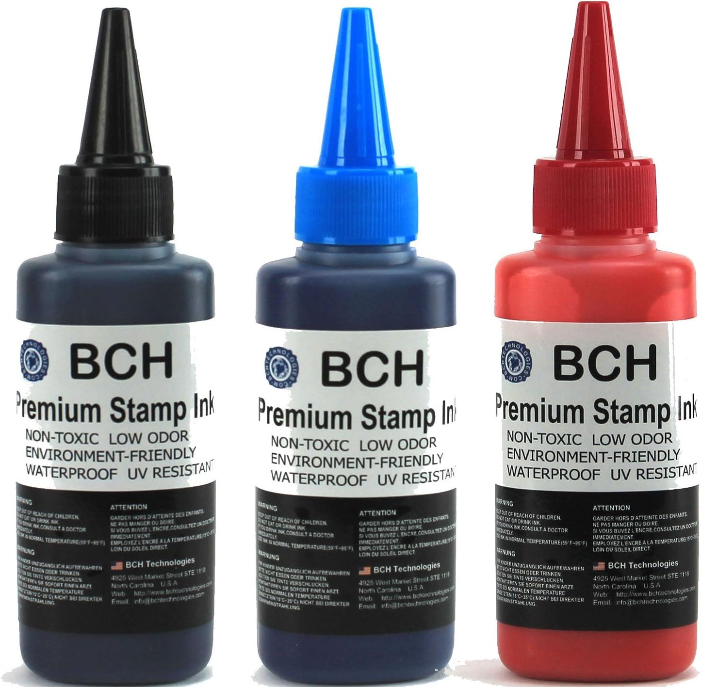 BCH Premium Stamp Ink Refill – Black, Blue & Red Ink Colors – Long-Lasting, Quick-Drying, Waterproof Ink Refill for Rubber & Self-Inking Stamps – 75 ml Each Bottle (225 ml Total)