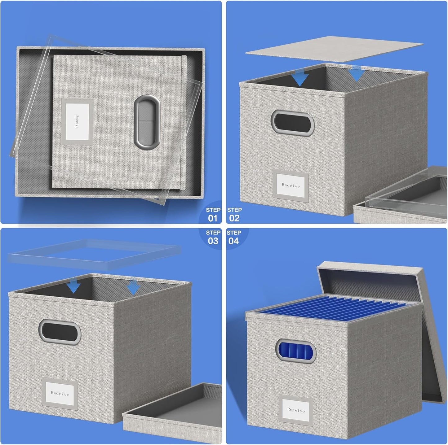 File Organizer Box File Boxes for Hanging Files with Lid Set of 3 Decorative Hanging Folders Organizer with One-Piece Plastic Frame Slides (13.2 * 10.1 * 10.1in(3Pack), Light Grey)