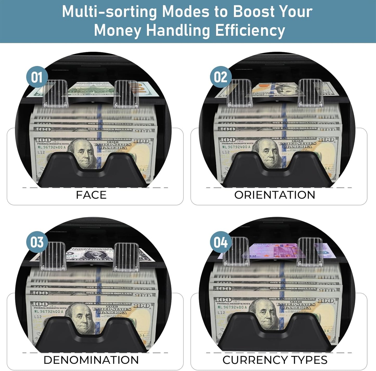 NUCOUN VS-35 Mixed Denomination Money Counter Machine,with Reject Pocket,Support USD/EUR/MXN/CAD Count,Bill Sorter,Counterfeit Detection CIS/UV/MG/IR,4'' Touch Screen,Sort&Print Enabled Cash Counter