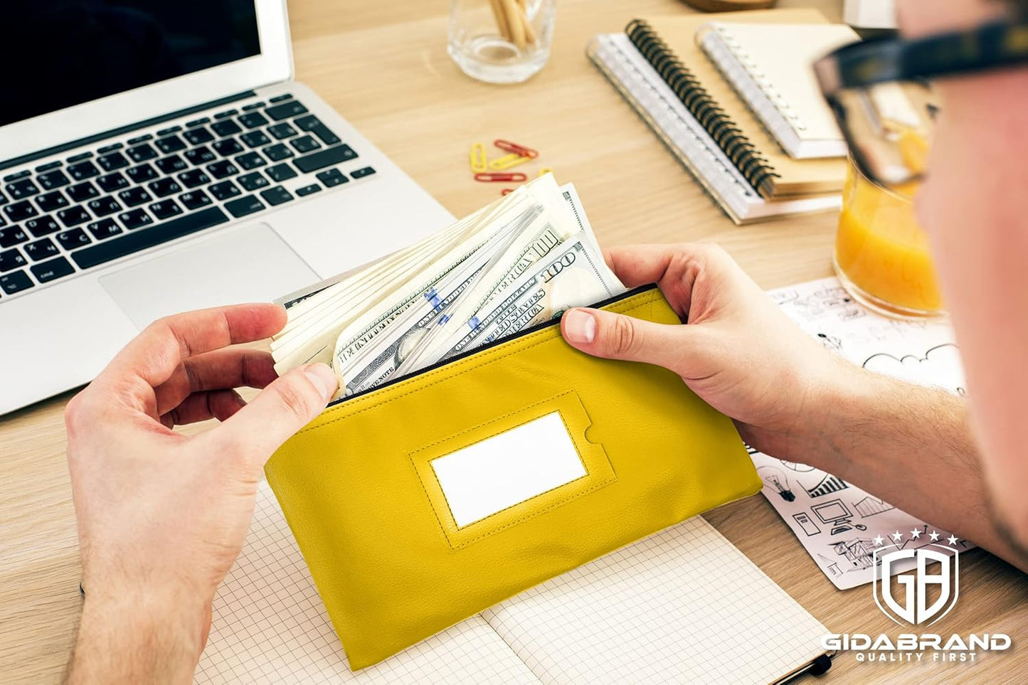 Money Bank Deposit Bag with Zipper | 11x6 inch | Yellow | Durable Leatherette Money Cash Coin Check Wallet Pouch for Men & Women with Framed ID Window and Blank Card | by GIDABRAND (3)
