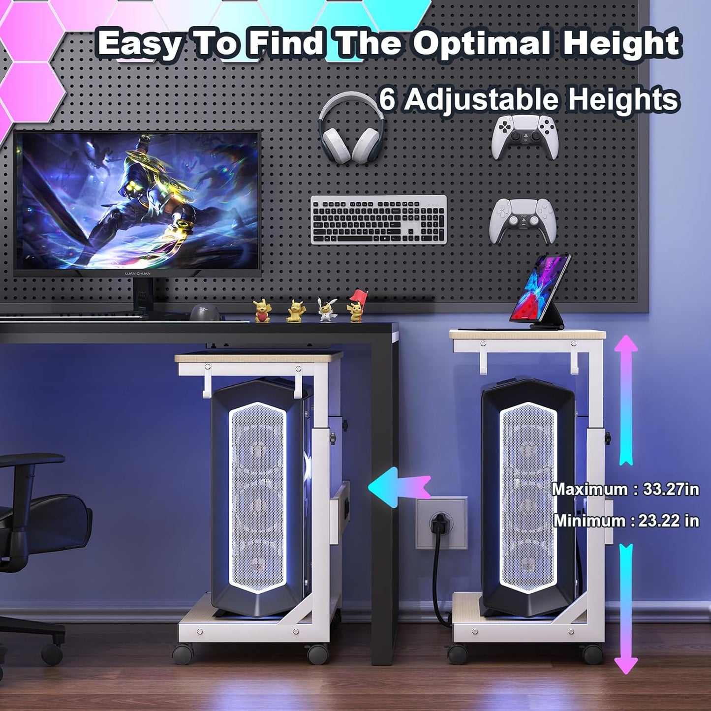 Height Adjustable Computer Tower Stand with Charge Station and USB Charging Port, 2-Tier ATX-Case Cart, Under Desk Mobile PC Stand, CPU Holder Cart with Locking Caster Wheels for Fits Most PC