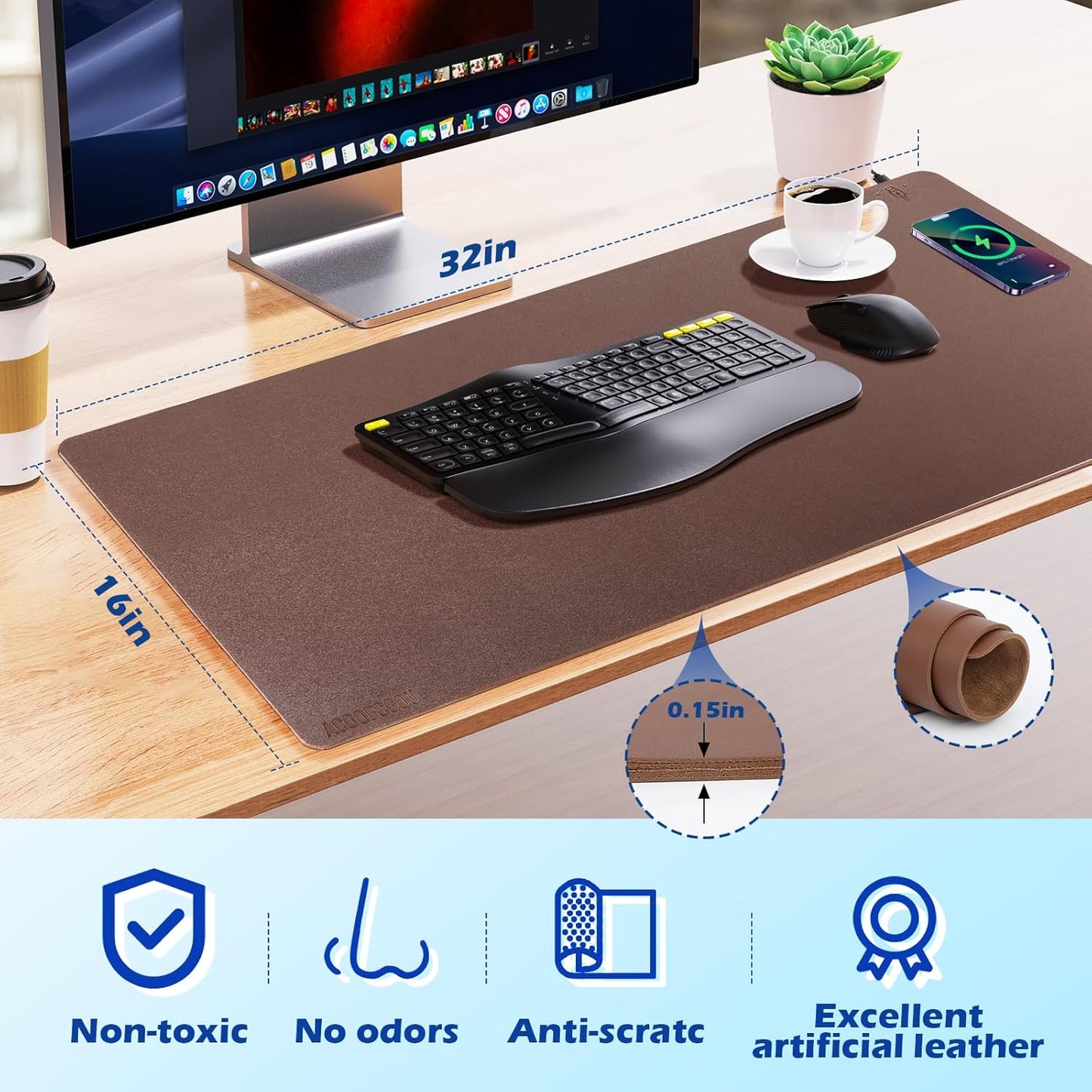 Wireless Charging Desk Mat with Desk Pad for Desktop Charging Large Mouse Pad Waterproof Leather Computer Mat Mouse Pad Non-Slip Protector on Top of Desks for Keyboard and Mouse (brown-r, 32*16inch)