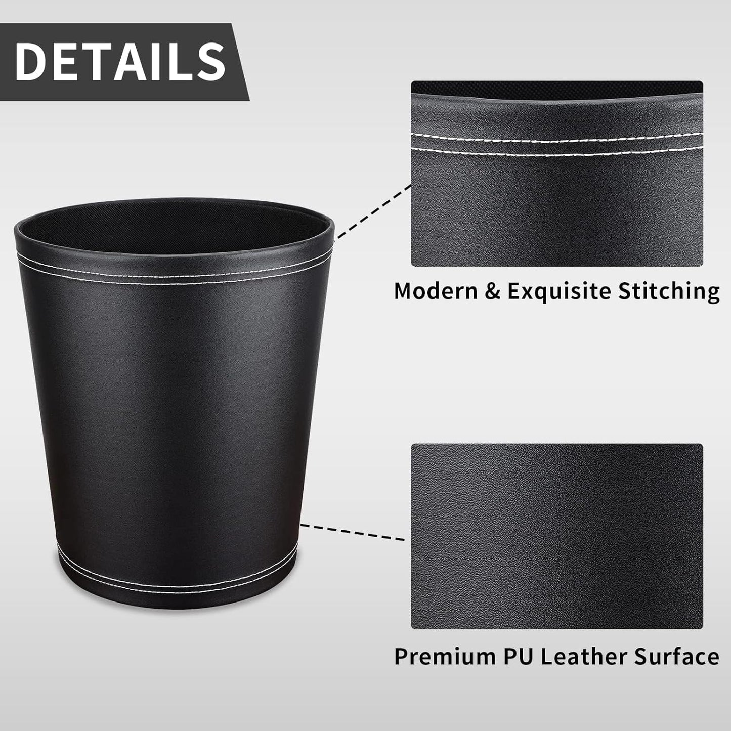 Pu Leather Trash Can, 2.6 Gallon Black Bathroom Trash Can, Small Office Garbage Can Wastebasket for Bedroom, Kitchen, Round Trash Bin Decorative Under-Sink/Desk/Home Easy to Clean
