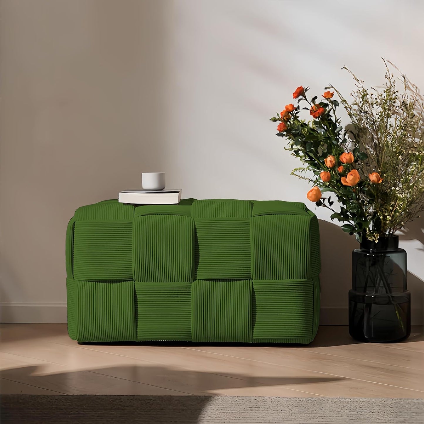 Ottoman Foot Rest Soft and Comfortable Ottoman Square Corduroy Woven Design Sofa Stool (Green-L)
