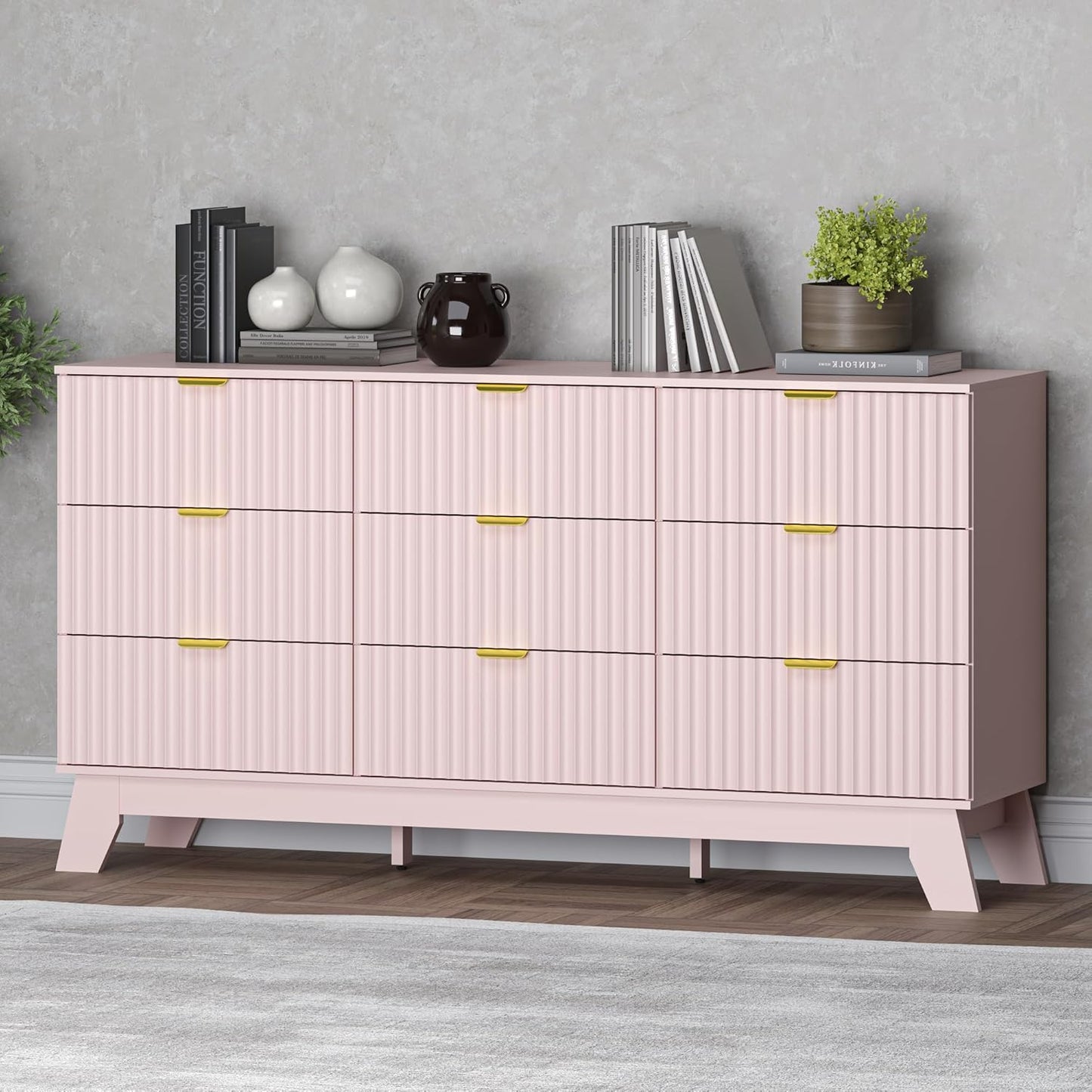 Fluted 9 Drawer Dresser, 57.1" Wide Modern Boho Chest of Drawers, Wooden Storage Dresser TV Stand for Bedroom, Living Room, Closet, Hallway, Curved Profile Design