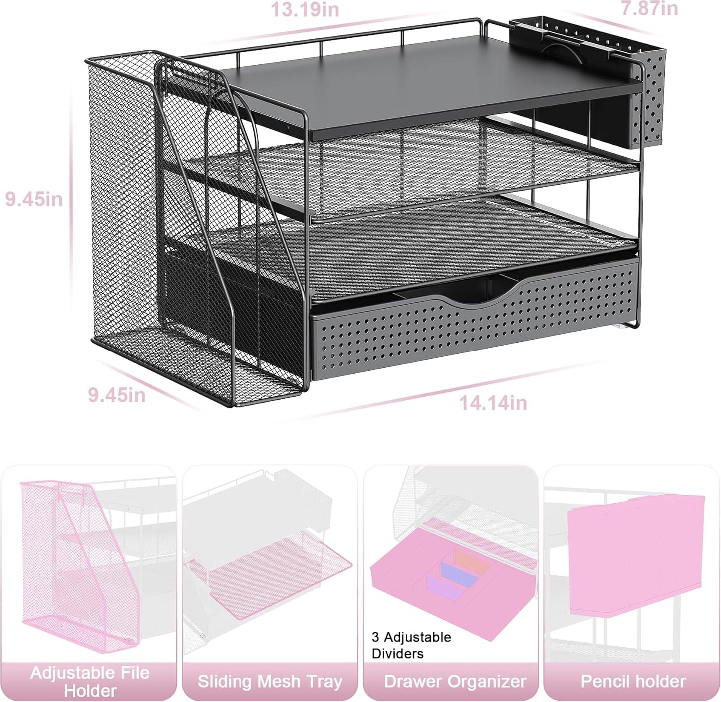 Wood Desk Organizers and Accessories with File Holder, 4-Tier Desk Accessories & Workspace Organizers with Drawer and Pen Holder, Paper Organizer for Office Supplies (Black)