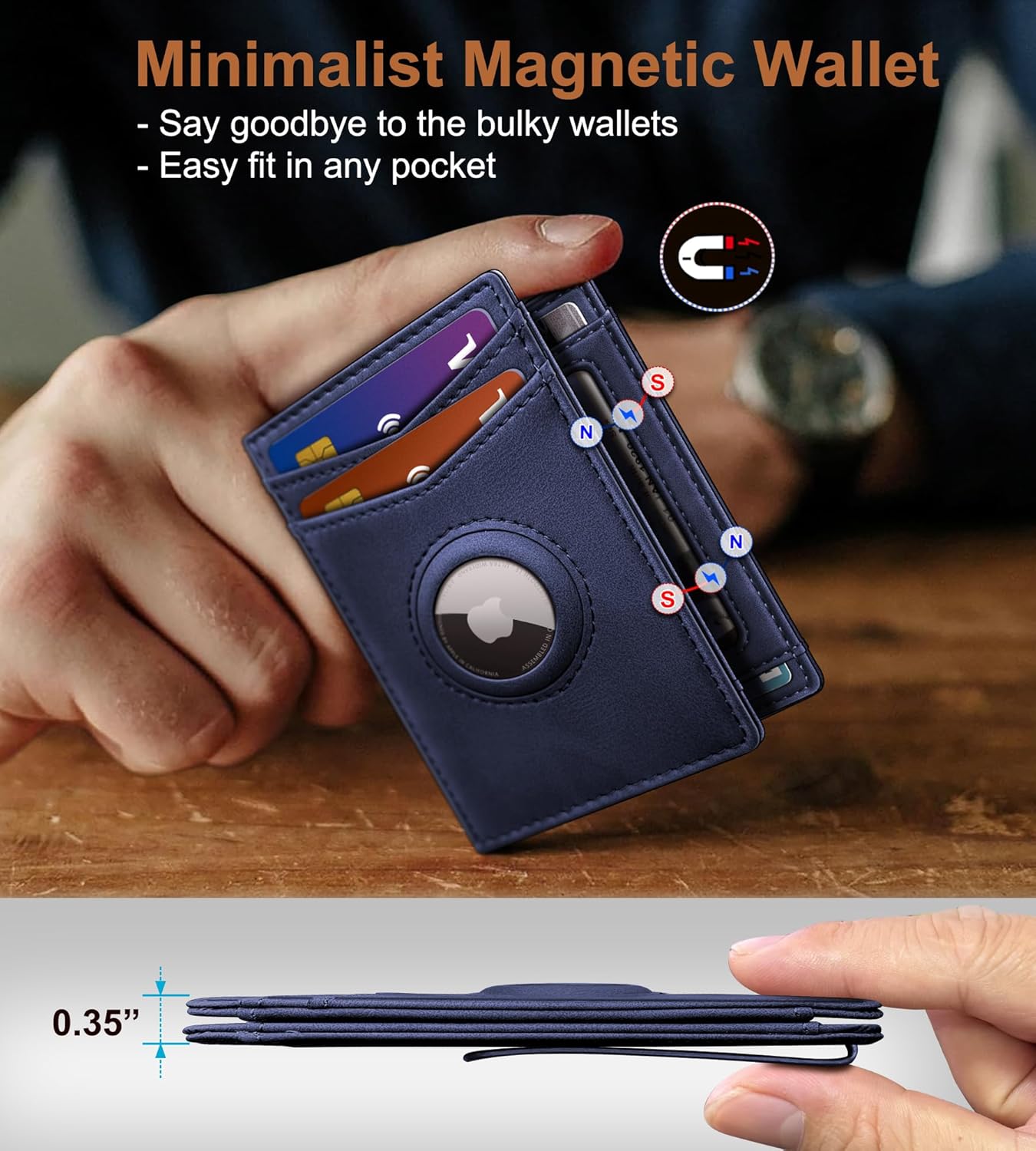 Airtag Wallet for Men- with Money Clip Gift Boxed, Magnetic Closure Slim Genuine Leather Front Pocket Wallet, 4.1"x 2.8", RFID Blocking