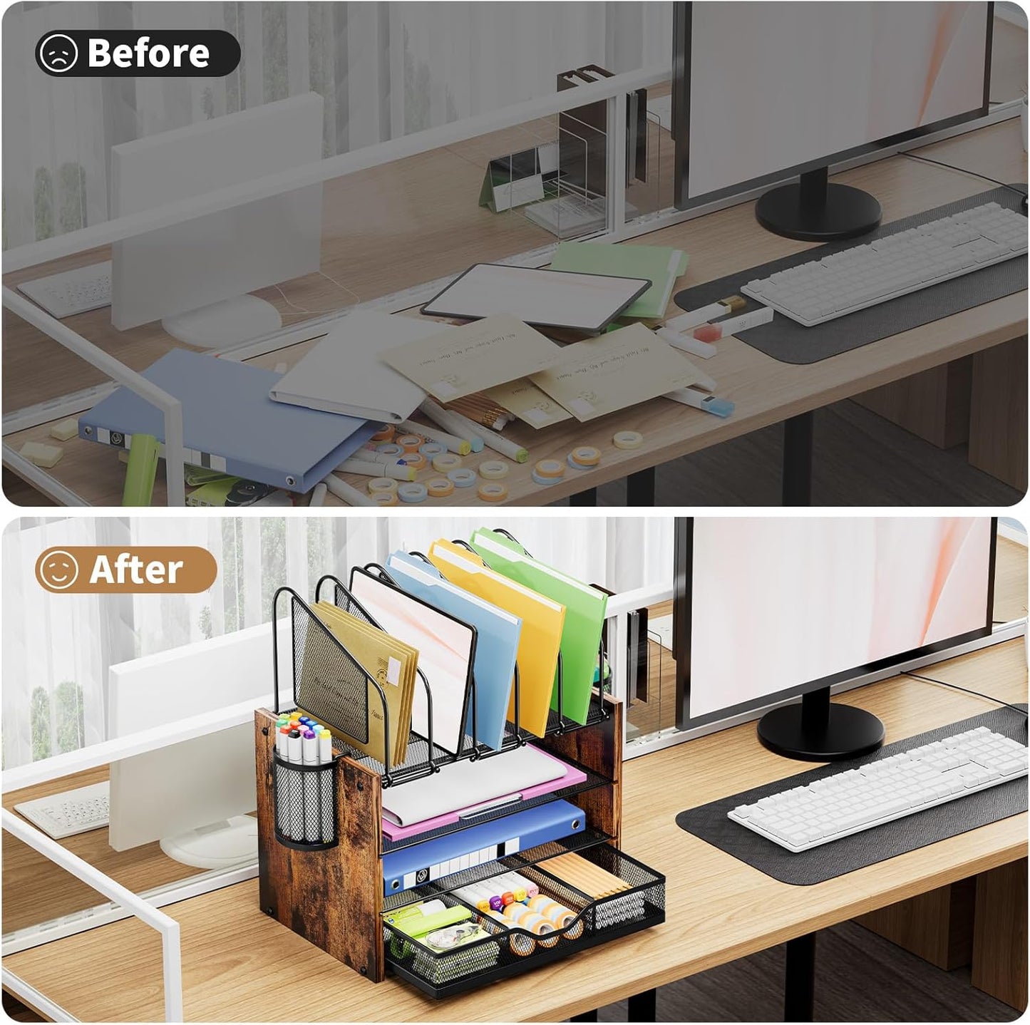 Marbrasse Desk organizer with Drawer, 4-Tier Wooden File Organizer with 5 Vertical File Holders and 2 Pen Holders, Desk Organizers and Accessories for Home Office - Dark Brown