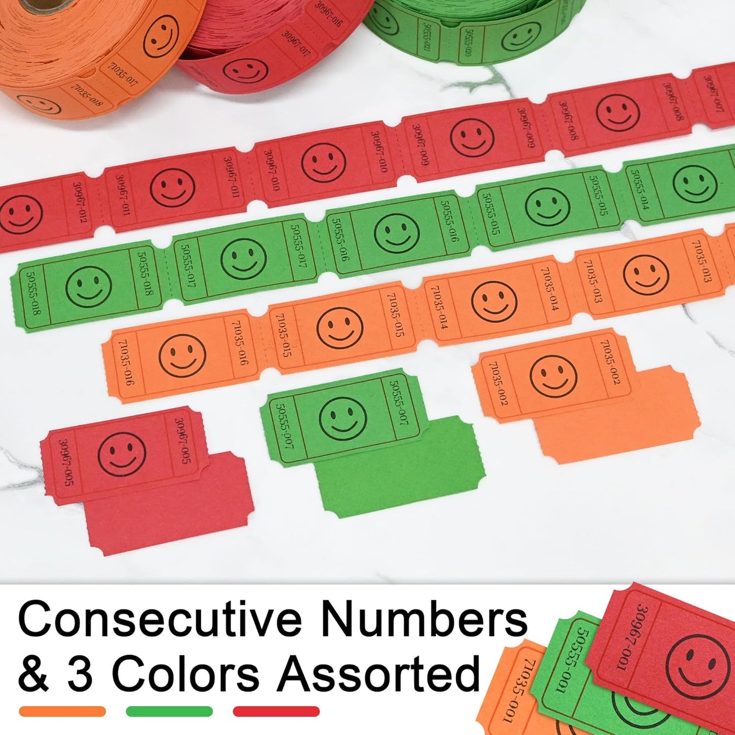 L LIKED 1500 Raffle Ticket Rolls, 3 Assorted Colors, 1x2 Inch Smile Ticket for Events, Entry, Class Reward, Parties, Giveaways&Prizes (Red, Orange, Green)