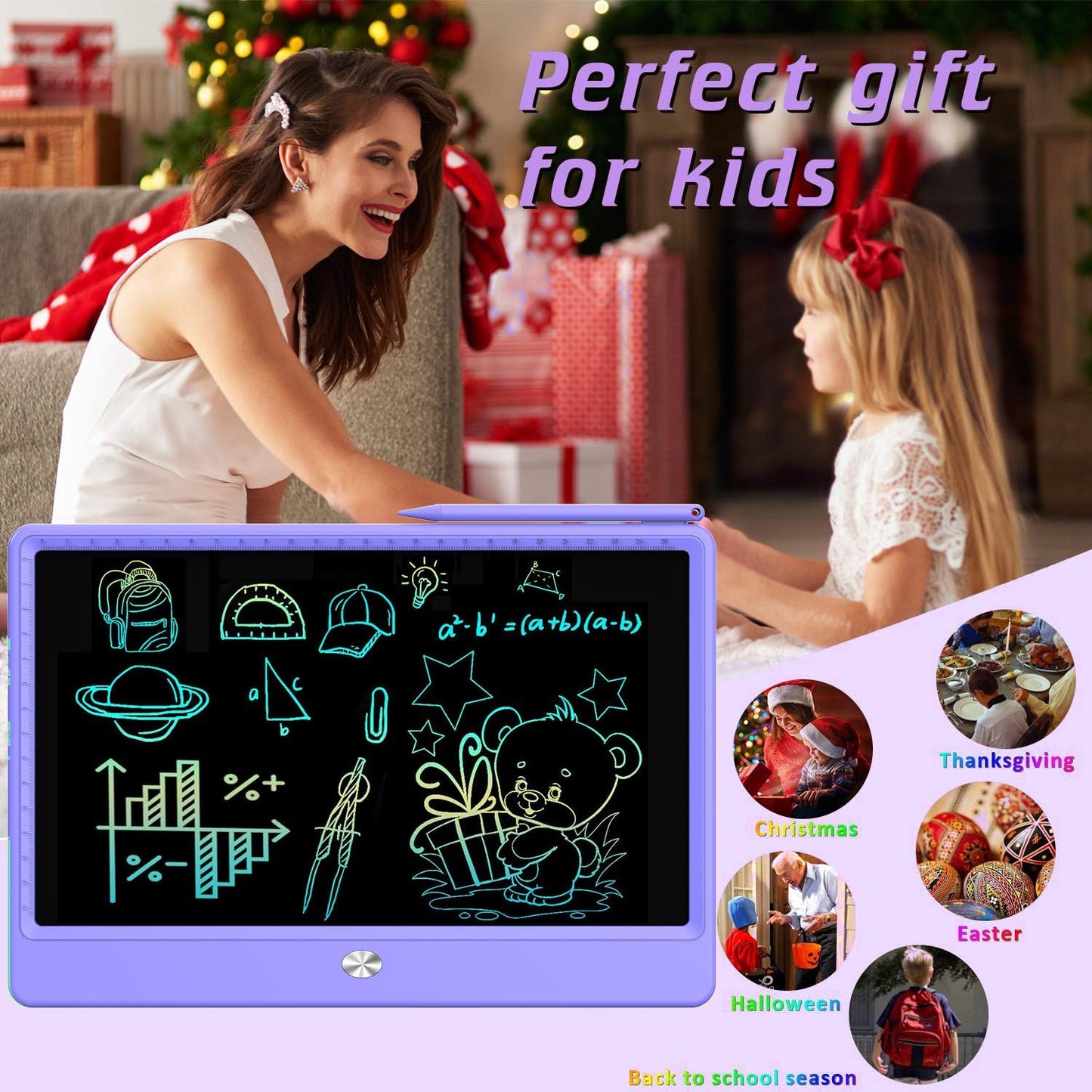 FLUESTON LCD Writing Tablet, Doodle Board Toys Gifts for 3-8 Year Old Girls Boys, 12 Inch Colorful Electronic Board Drawing Pad for Kids, Gifts for Toddler Educational Learning Travel Birthday, Purple