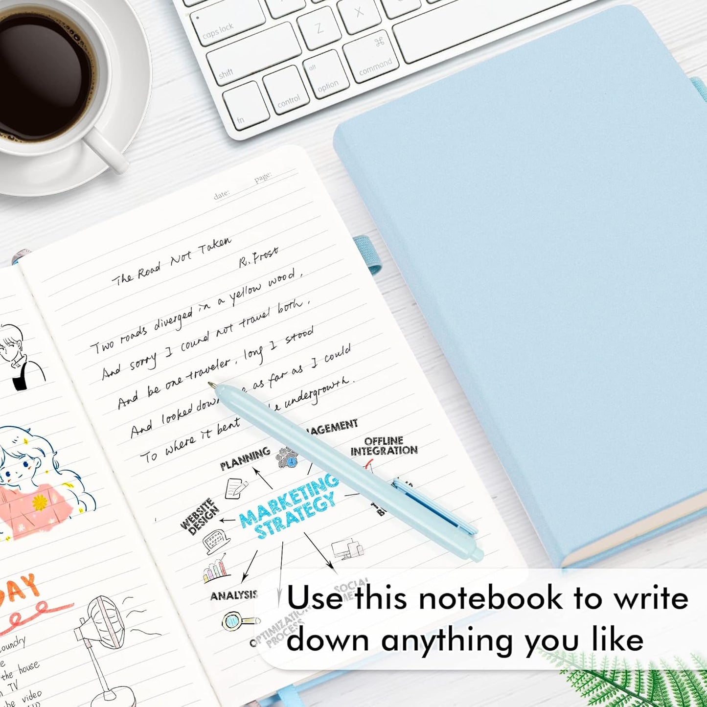 feela 18 Pack Journal Notebook for Work, Business Notebook Bulk Hardcover Lined Writing Journal with Pen Holder for Men Women Note Taking, with 18 Black Pens, 120 GSM, 5.1”x8.3”, A5, Light Blue