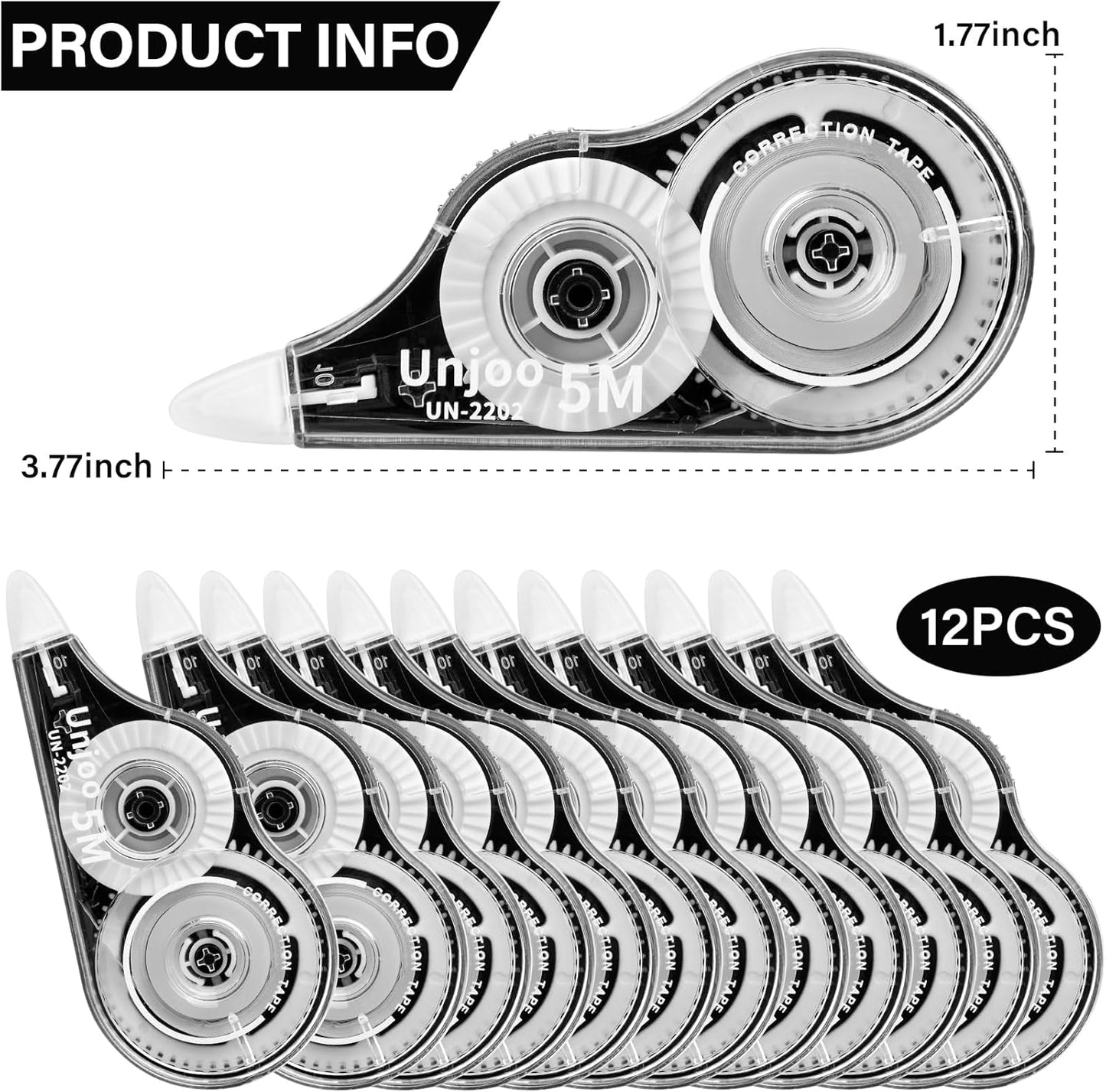 White Correction Tape Dispenser, Fast Clean and Easy to Use Tear-Resistant Tape, For school Supplies, Office (12pack, 5M/196" x 0.2", White)