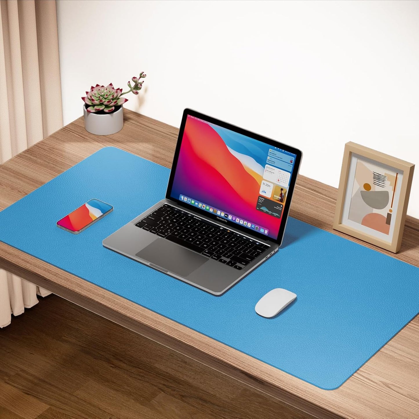 Boutilon Leather Desk Pad Protector,Non-Slip Mouse Pad,Laptop Desk Pad,Office Mouse Mat,Waterproof Leather Desk Blotter,Desk Writing Pad for Office and Home (M-Blue,30"x14")