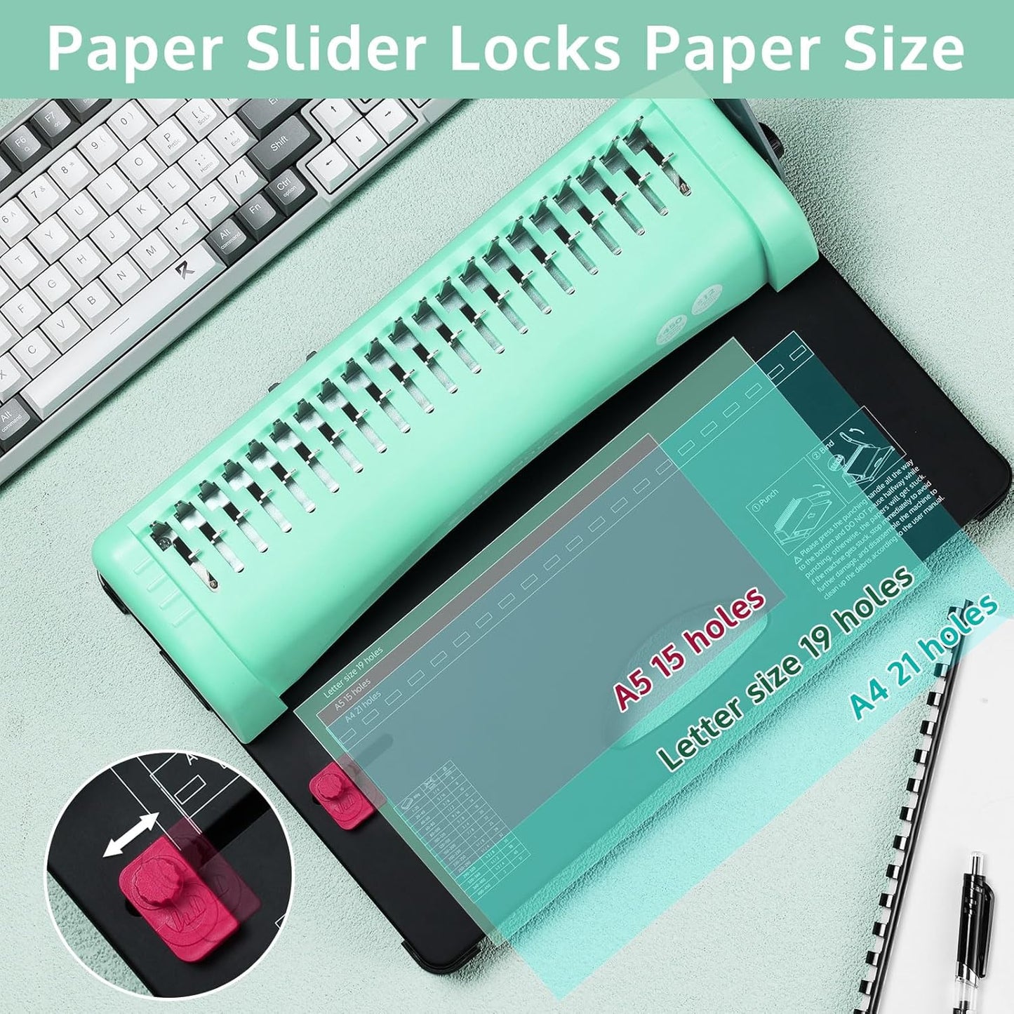 OFFNOVA Binding Machine, 21-Hole 450 Sheets Paper Comb Punch Binder Machine for Letter Size / A4 / A5 Paper, Easy to Punch Handle, Adjustable Margin