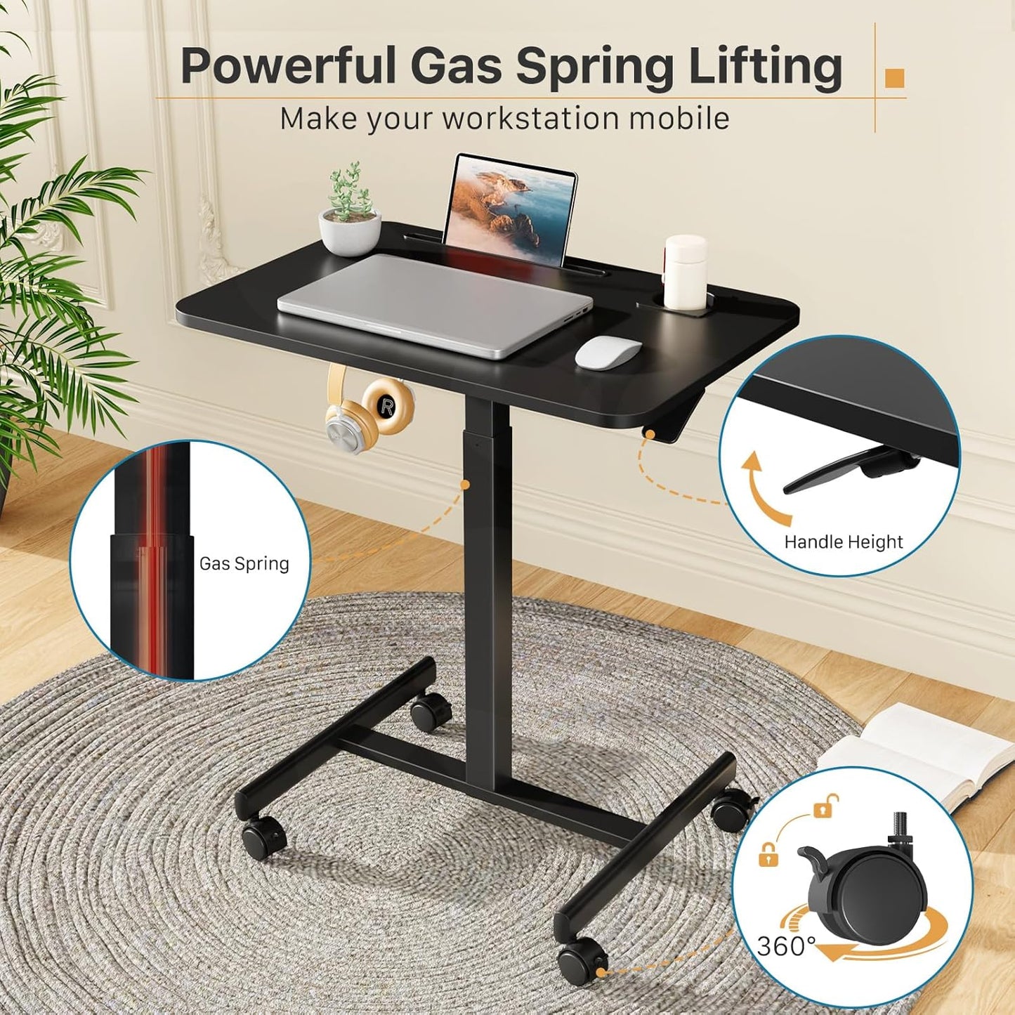 Mobile Standing Desk, Rolling Laptop Cart Adjustable Height with Cup Holder, 28 inch Portable Table with 4 Lockable Wheels, Black Computer Workstation with Hook and Slots for Home Office