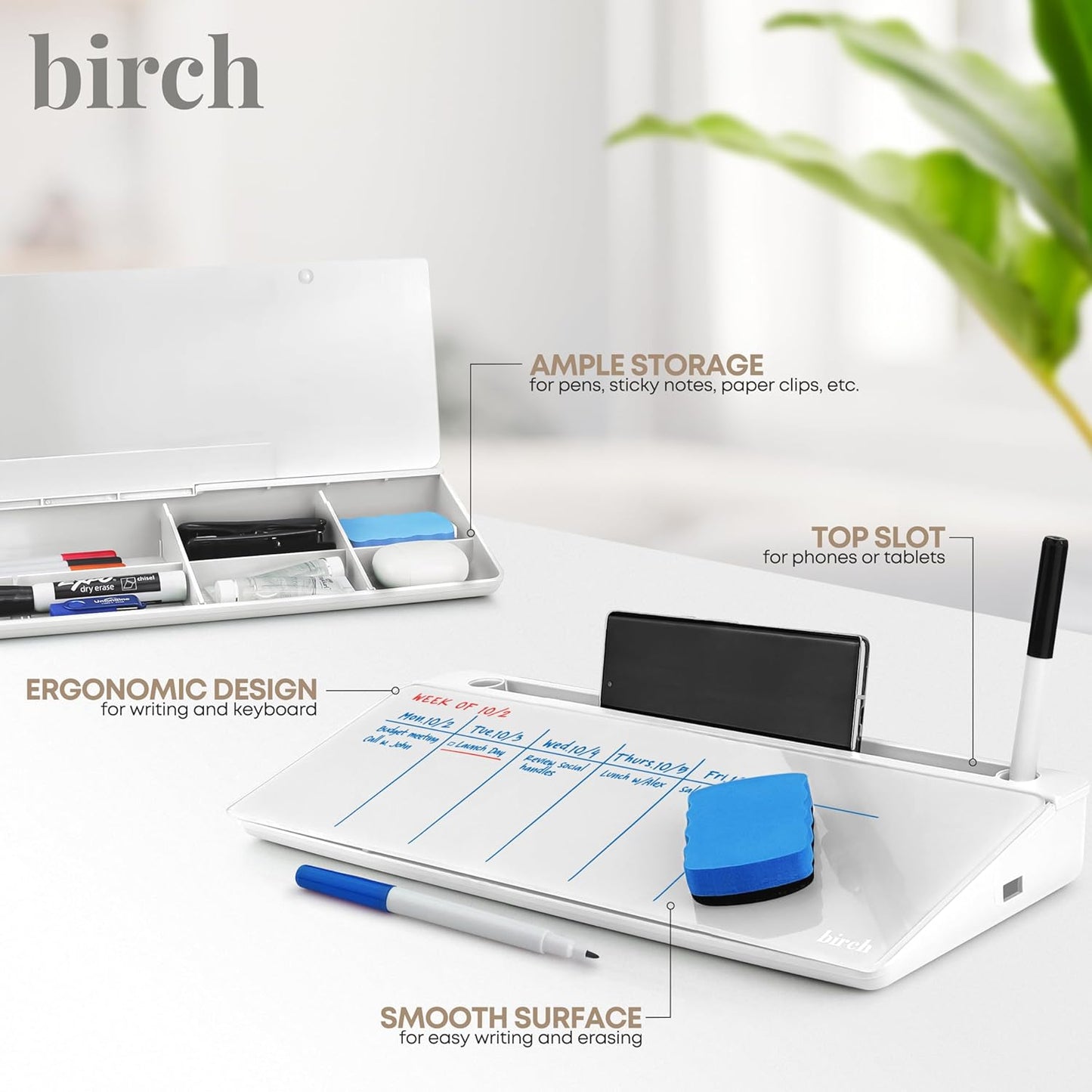 Birch Desktop Whiteboard with Storage & Multiple Markers Surface Desktop Glass Dry Erase Board Desk Top White Board Dry Erase Notepad Desk White Board Tabletop Desk Whiteboard (Cloud)
