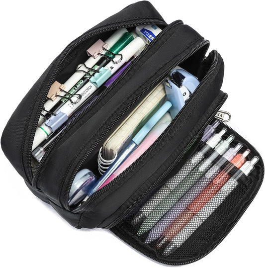 XQXA Pencil Pouch Large Capacity Pencil Case Organizer, Multifunctional Pen bag with 3 Compartmens, Big Pencil Bag for Office Travel Men Women Adult (01-Black)