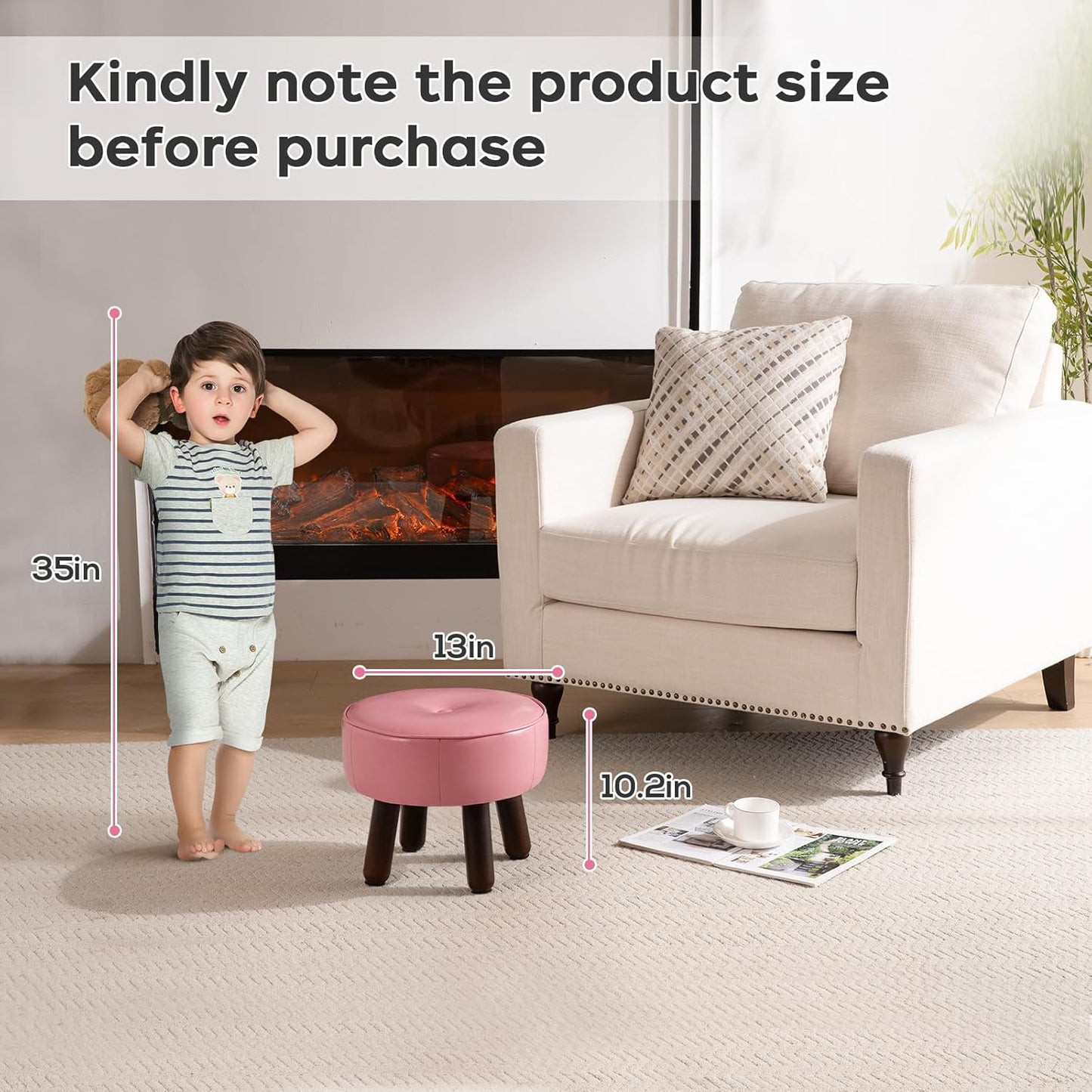 Small Foot Stool Round Pouf Ottoman, 13'' Leather Foot Rest with Non-Skid Rubber Legs, Foolstool Ottomans for Couch, Sofa Footrest Step Stool for Living Room Bedroom Entryway Office, Pink