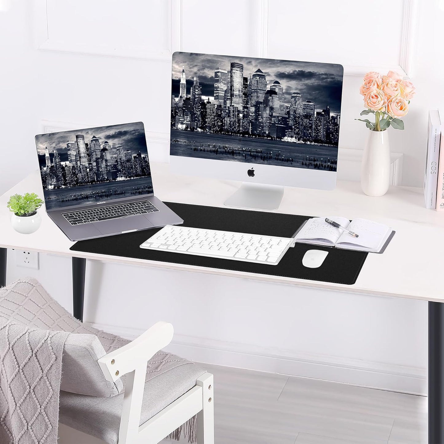 AFIING Dual-Sided Desk Pad, Natural Cork & PU Leather, Desk Mat Protector Non-Slip, Waterproof, Easy Clean,Large Mouse mats for Office and Home Work(Black, 31.5"x17")