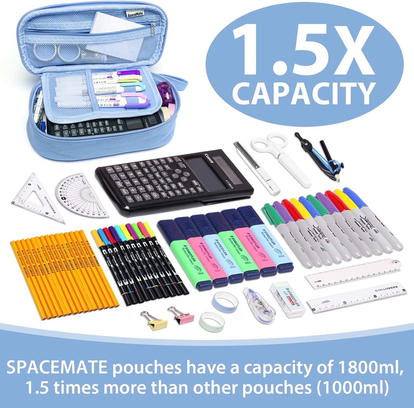 Pencil Case Pouch Box Bag School Supplies Girls Boys Kids, Cute Preppy Stuff Large Big Capacity Aesthetic Pen Organizer, Back to College Stationary, Sky Blue, Heavy Duty Canvas, 1800ml