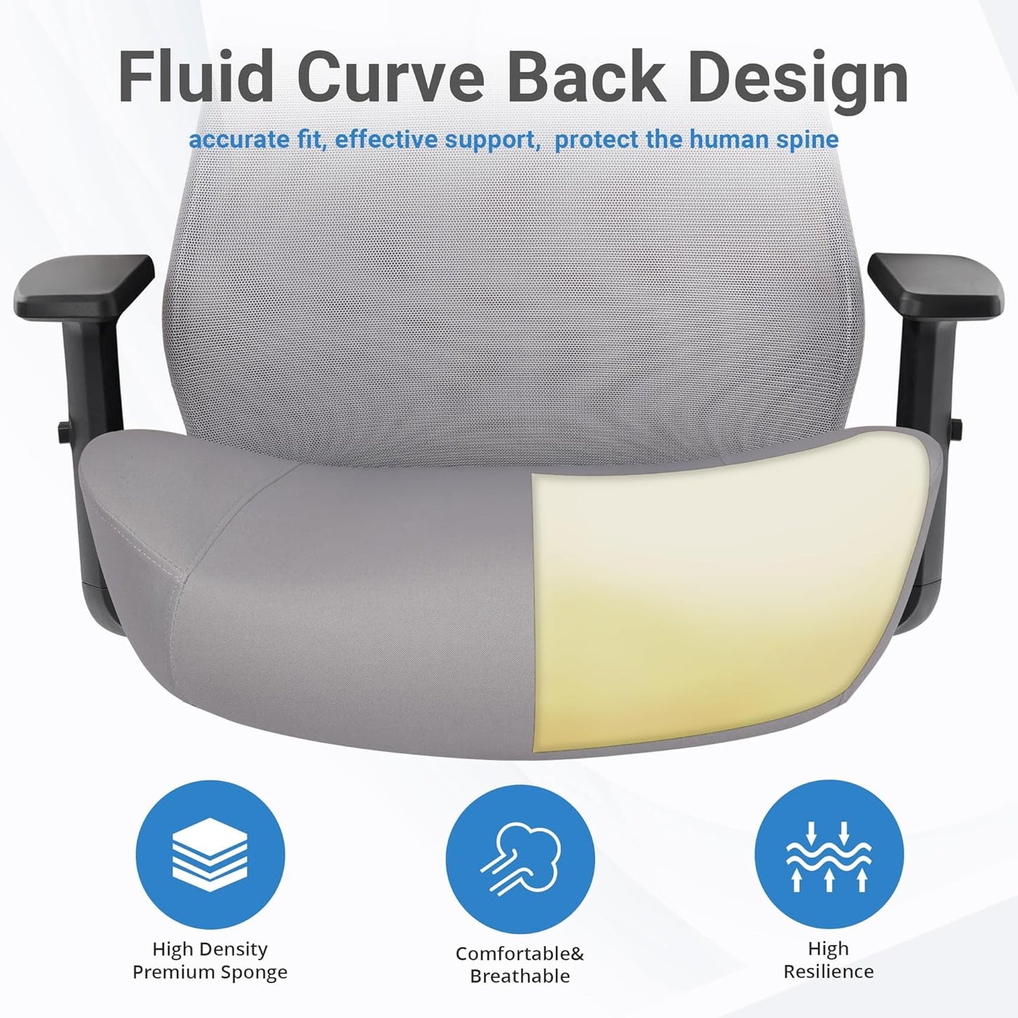 HYLONE Office Chair, 5" Thickened Seat Ergonomic Desk Chair with Adjustable Armrests, Home Office Computer Chairs for Long Hours Mesh Executive Chair(Black Base&Grey)