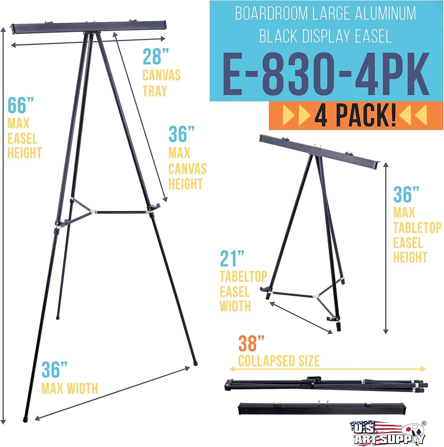 U.S. Art Supply 66" High Boardroom Black Aluminum Flip Chart Easel & Presentation Stand (4 Pack) - Adjustable Floor/Tabletop, Portable Tripod, Holds 25 lbs., for Chart Paper, Poster Boards, & Pads
