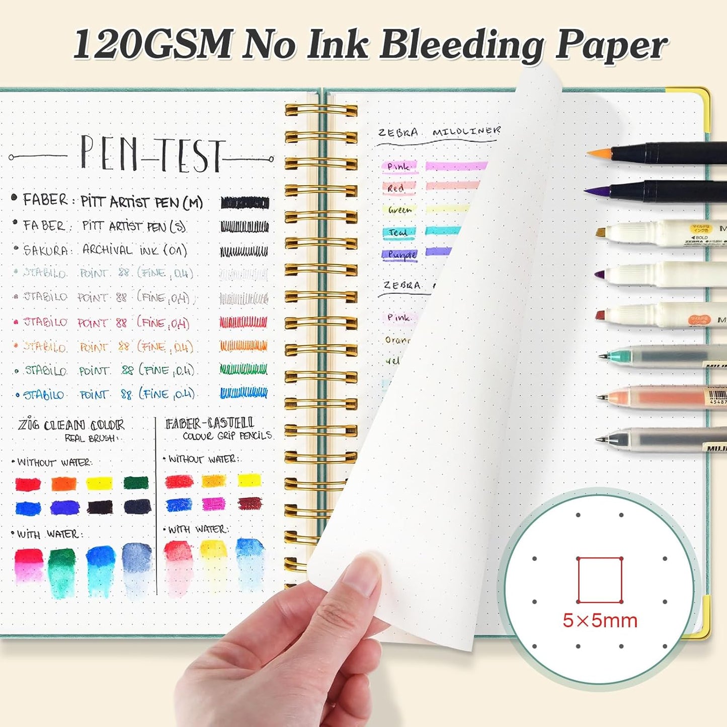 Bullet Dotted Journal Spiral Notebook, 300 Pages Leather Notebooks with Contens, 120 GSM Thick No Bleed Through Paper Journals, A5 Dot Grid Notebook for Women Men School Work Writing, 5.5" x 8", Green