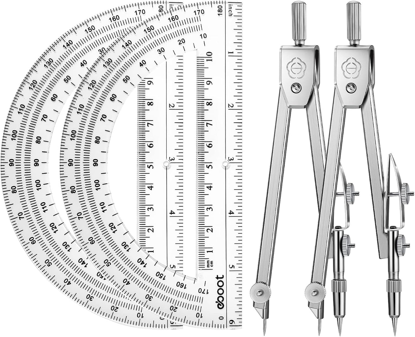 Zonon 2 Set Protractor and Compass Set, Student Geometry Math Set Drawing Compass and 6 Inch Clear Swing Arm Protractors 180 Degree Math Protractor