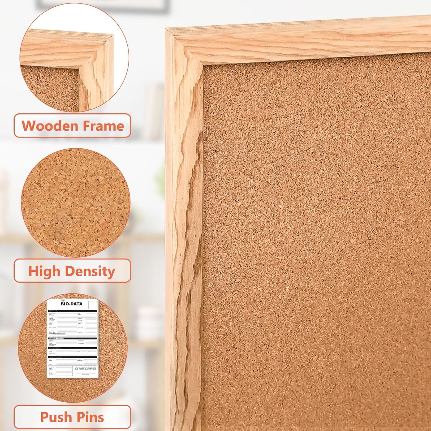 WALGLASS Cork Board 36" x 24" Wooden Frame Bulletin Board, Pin Cork Board for Wall Room Decoration Display Board for Home Office, 10 Pins