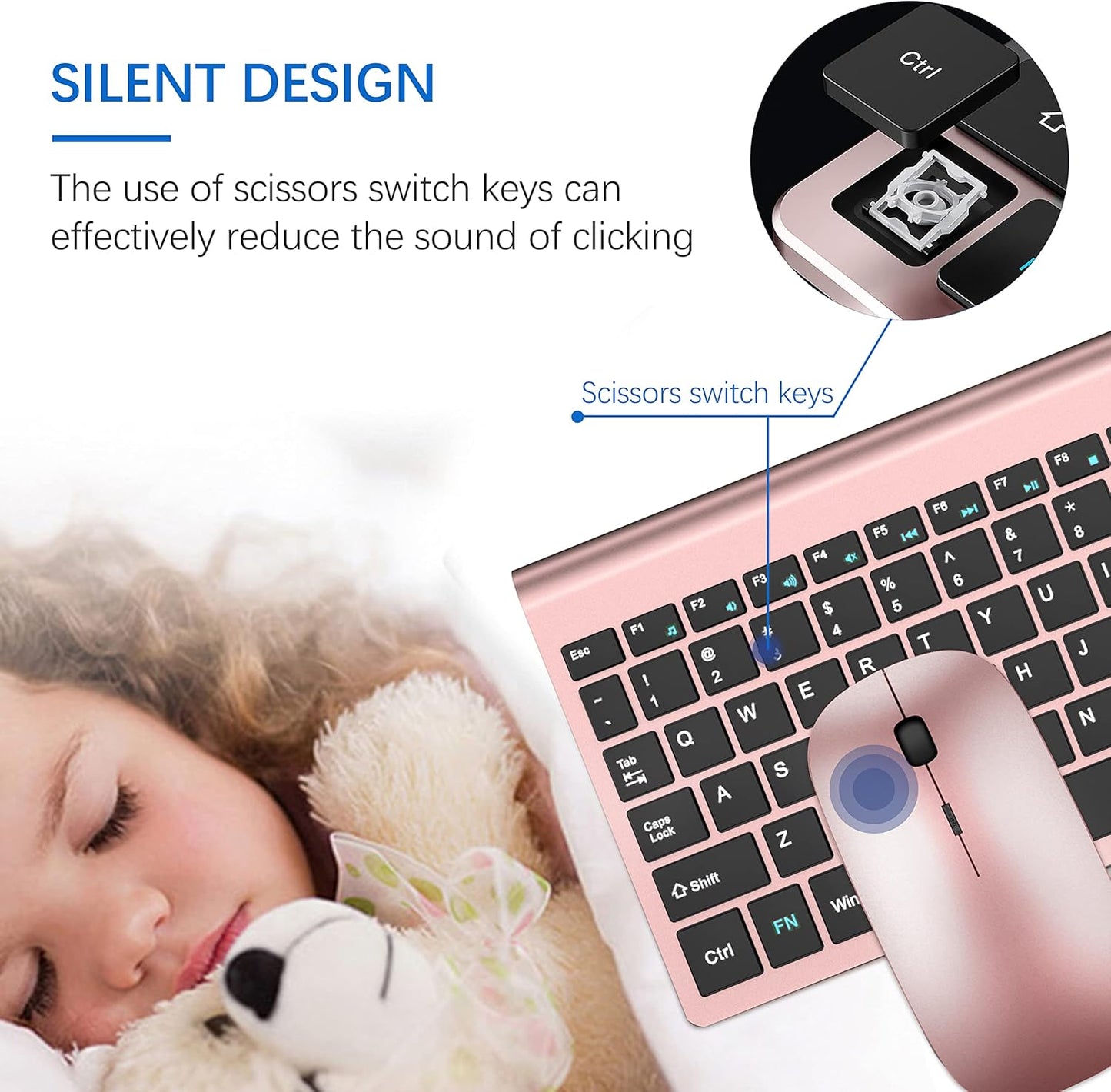 Wireless Keyboard and Mouse Ultra Slim Combo, TopMate 2.4G Silent Compact USB 2400DPI Mouse and Scissor Switch Keyboard Set with Cover, 2 AA & 2 AAA Batteries,for PC/Laptop/Windows/Mac-Rose Gold Black