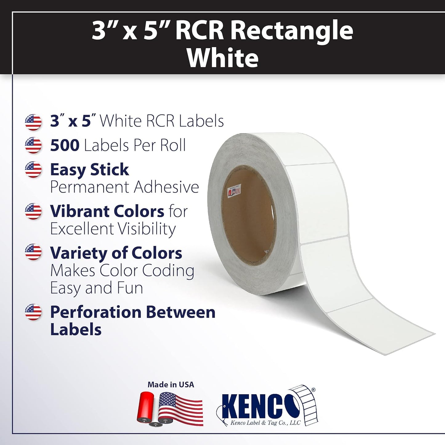 Kenco Color Coding 3 X 5 Rectangle Labels, Inventory Control Stickers 500 Labels Per Roll, Made in The USA (White)